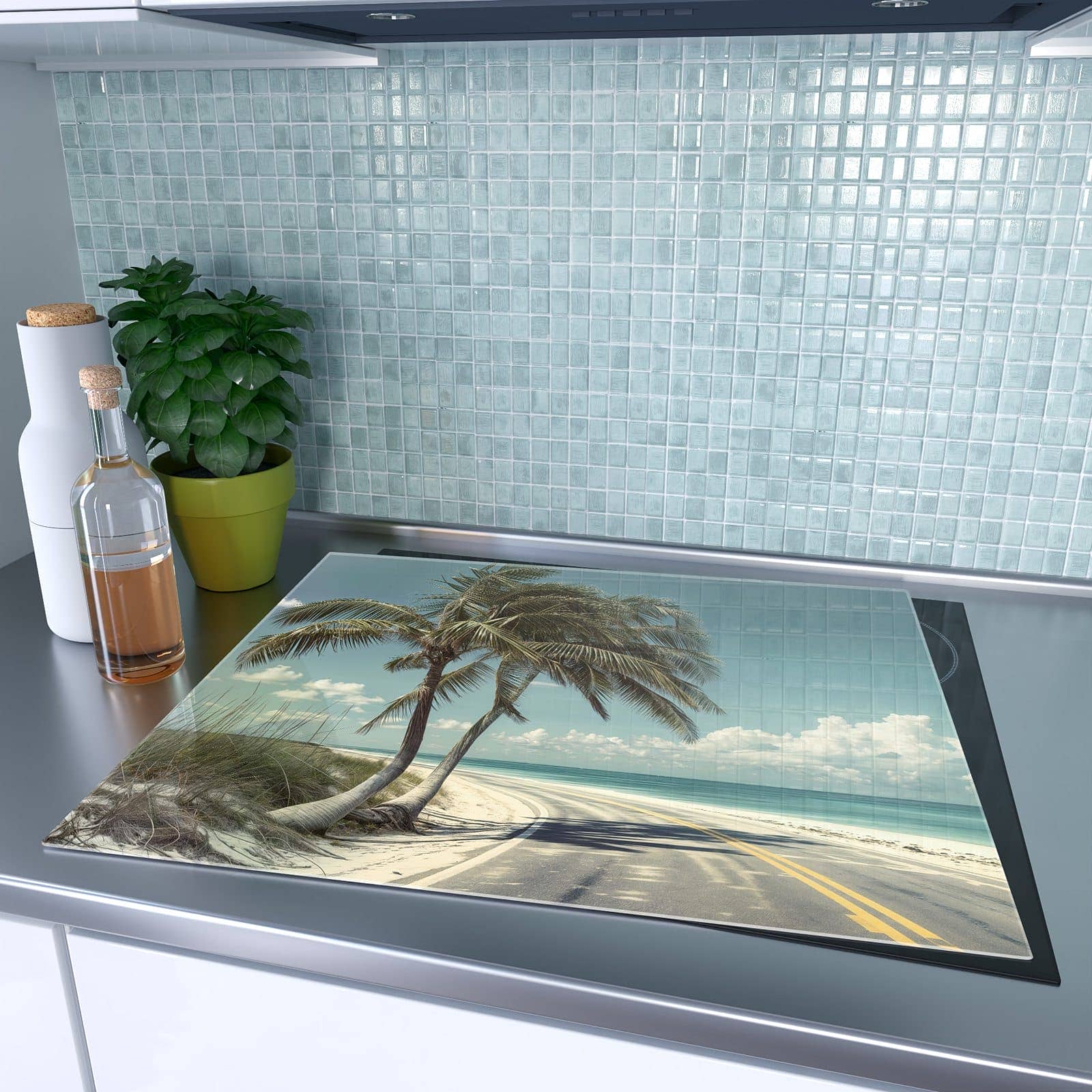 1-teilige Herdabdeckplatten aus Glas mit Strandstraße Palmen-Motiv auf dem Ceranfeld