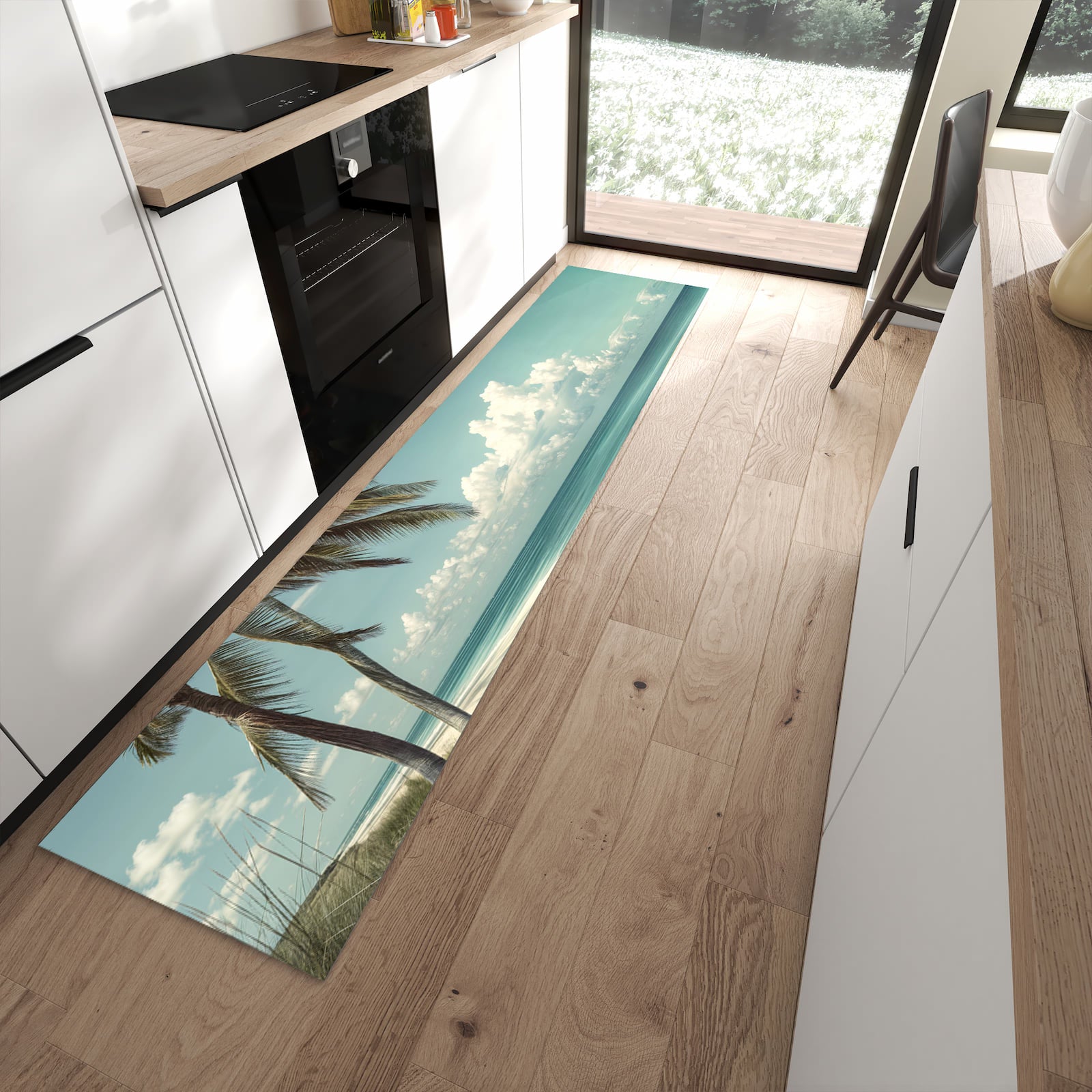 Strapazierfähiger Läufer für die Küche mit Motiv Strandstraße Palmen in moderner Küche