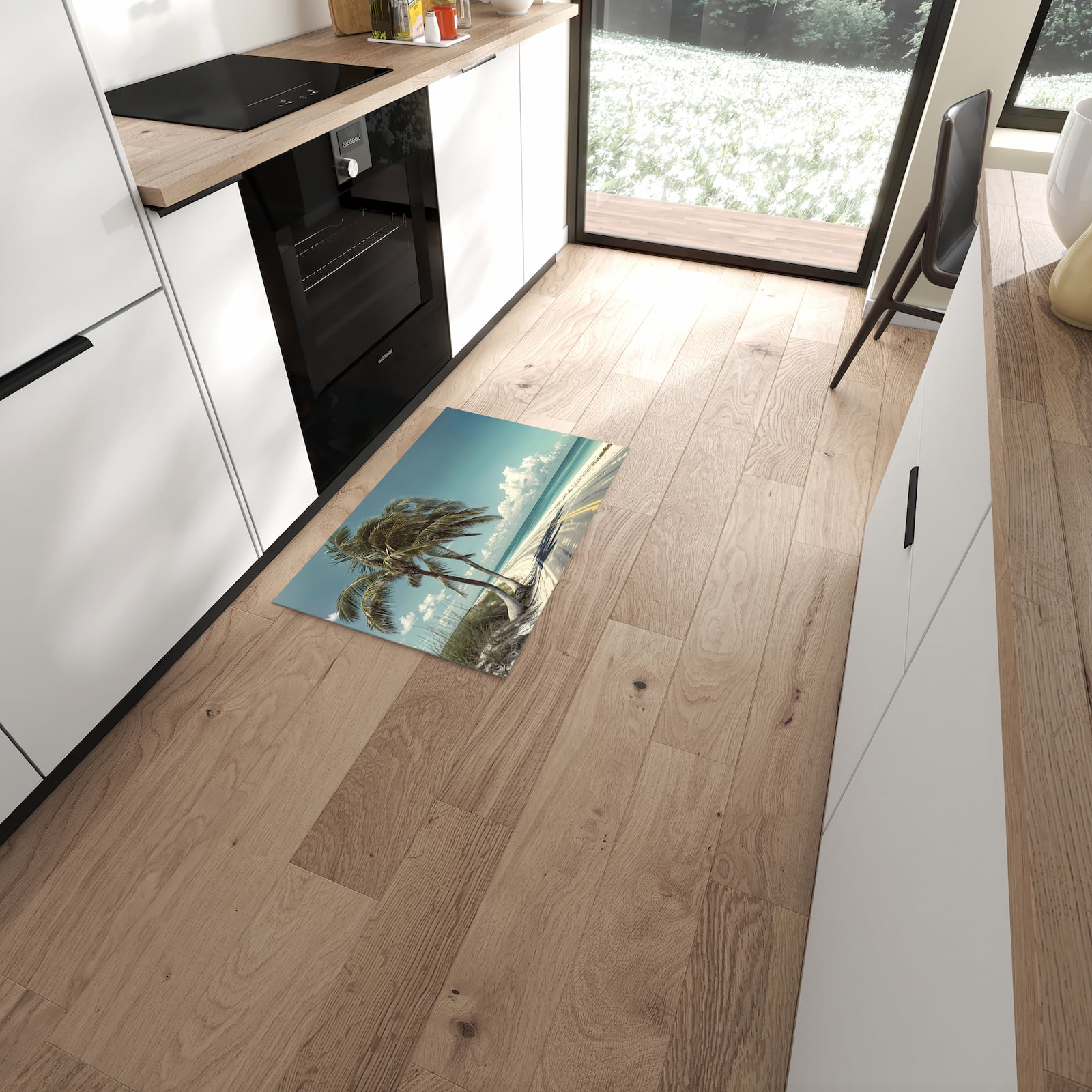 Langlebiger Küchenläufer mit Motiv Strandstraße Palmen in moderner Küche