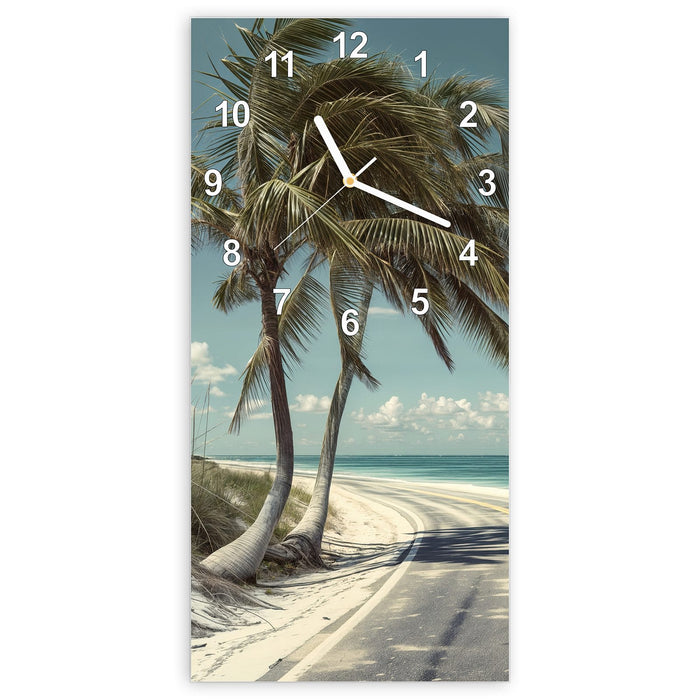 Wanduhr Strandstraße Palmen aus Glas – Hochformat 30 × 60 cm mit Ziffernblatt Modern