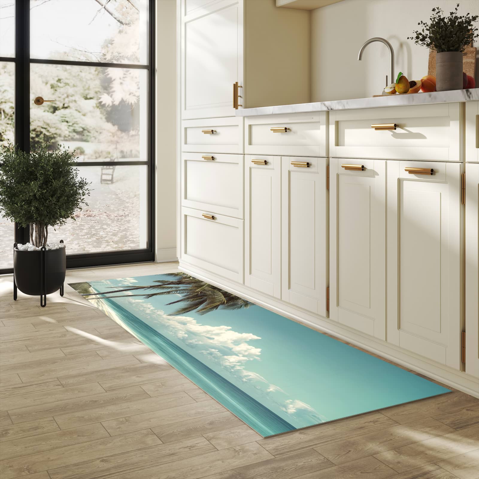 Läufer für die Küche mit Motiv Strandstraße Palmen in heller Küche für Ordnung