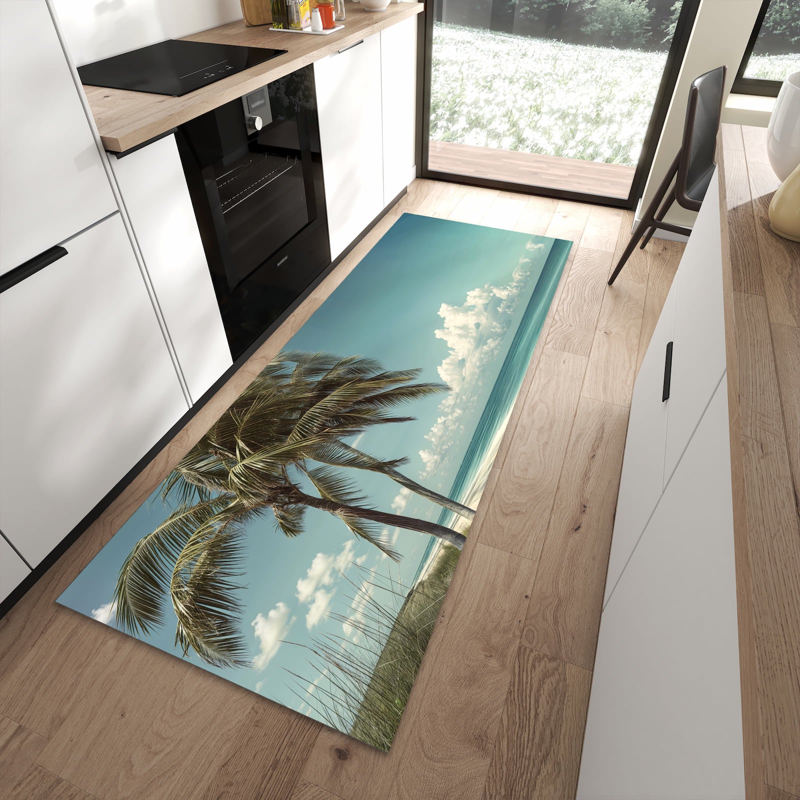 Farbbeständiger Teppichläufer mit Motiv Strandstraße Palmen in moderner Küche