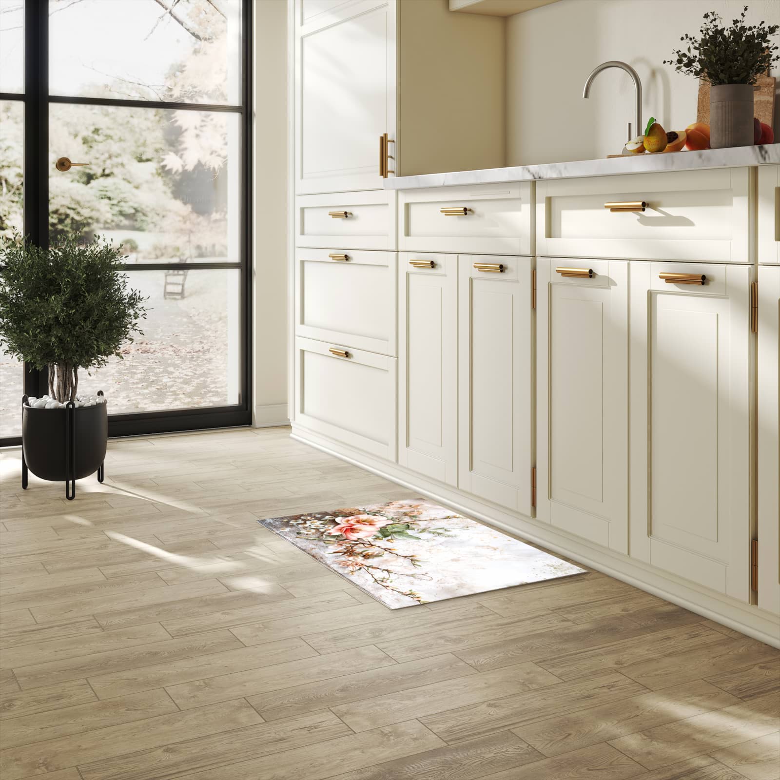 Geruchsneutraler rutschfester Küchenläufer mit Motiv Warme Blumenarrangement in heller Küche