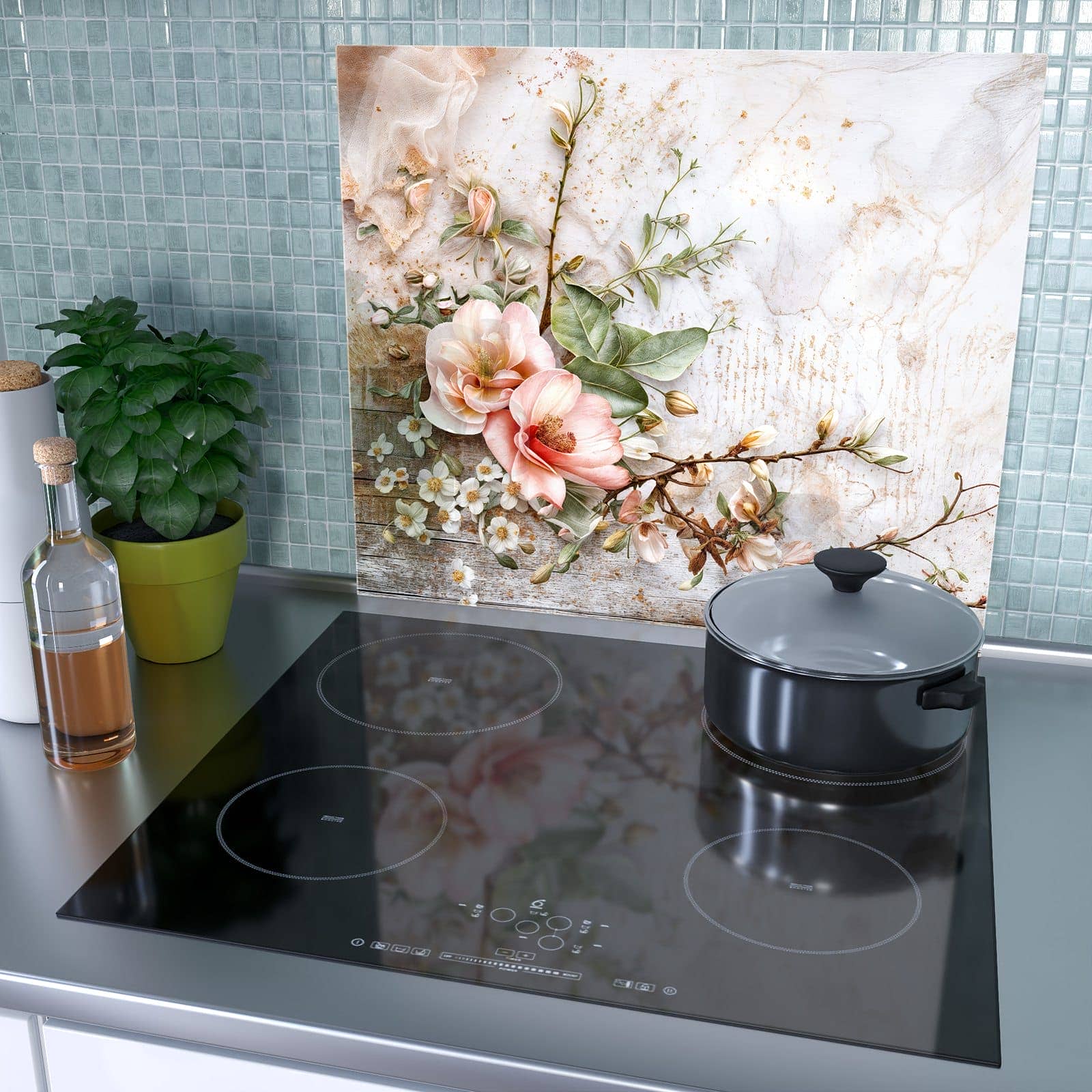 1-teilige Herdabdeckplatten für Ceranfeld mit Warme Blumenarrangement-Motiv als Spritzschutz hinter dem Kochfeld