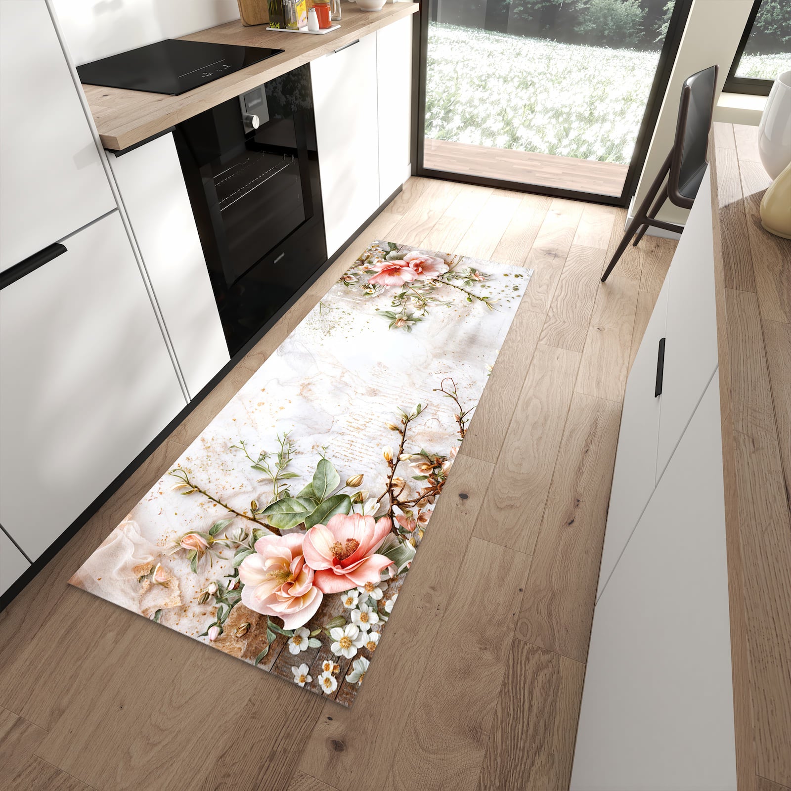 Schmutzabweisender Küchenläufer mit Motiv Warme Blumenarrangement in moderner Küche