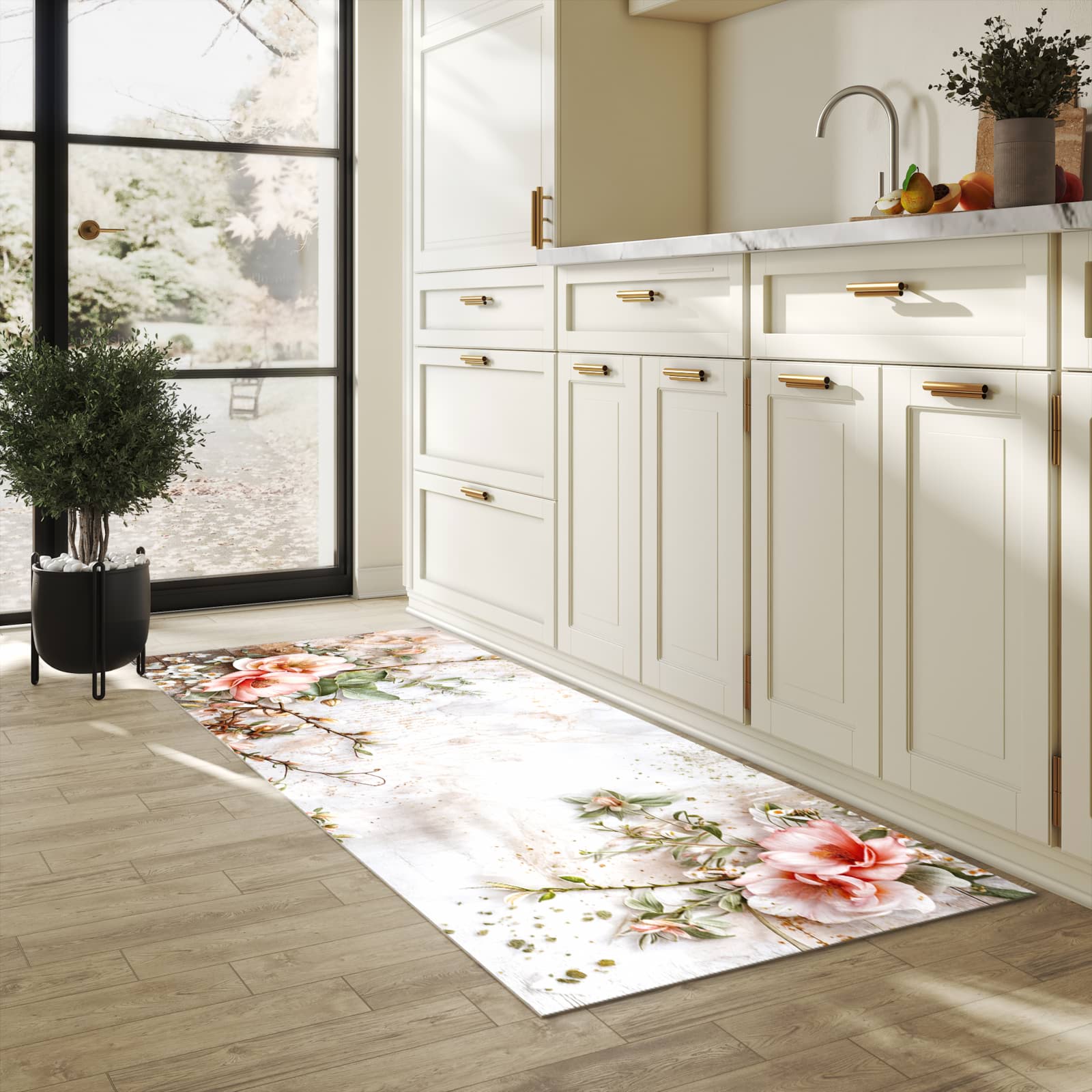 Abwaschbarer Küchenteppich mit Motiv Warme Blumenarrangement in heller Küche