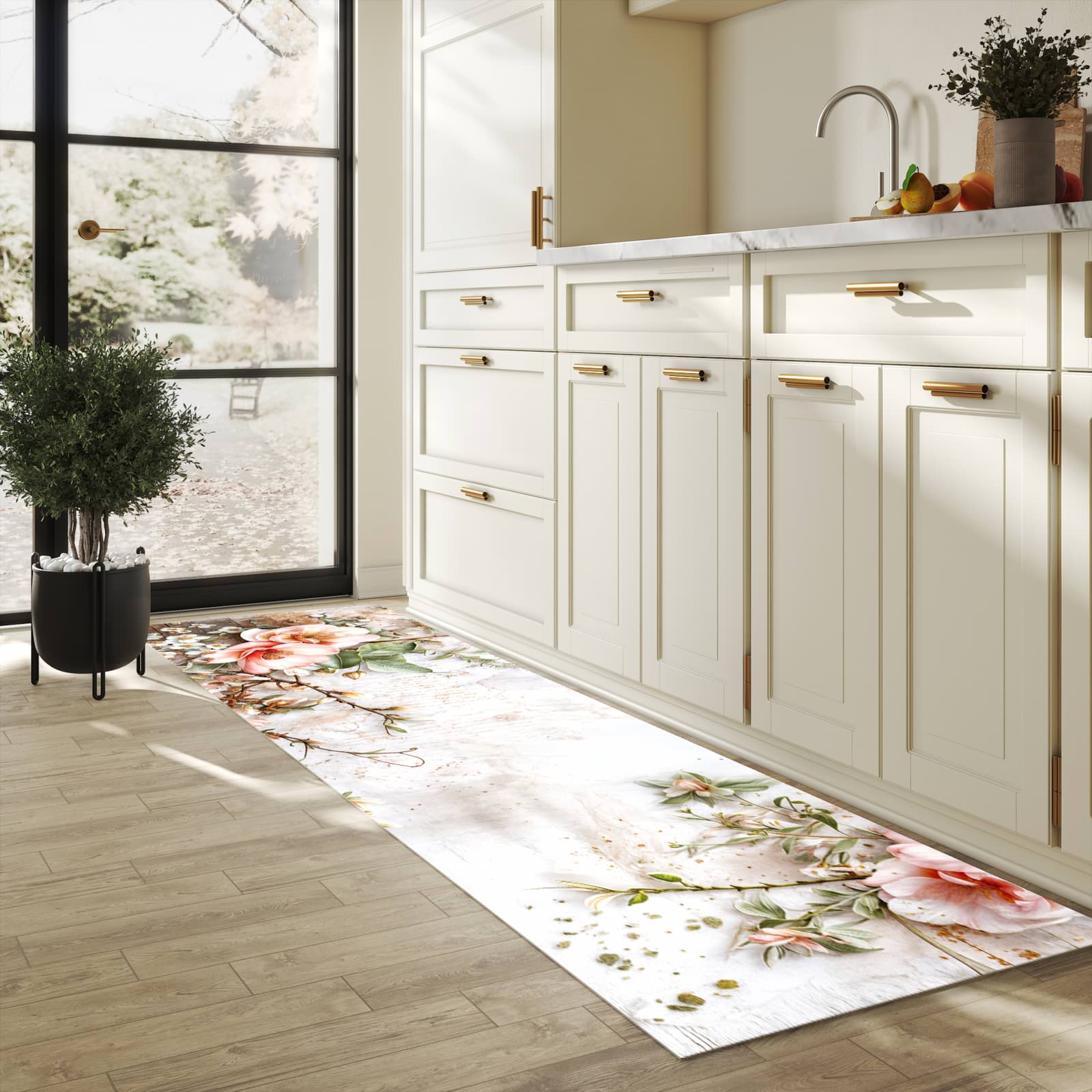 Komfortabler moderner Küchenläufer mit Motiv Warme Blumenarrangement in heller Küche