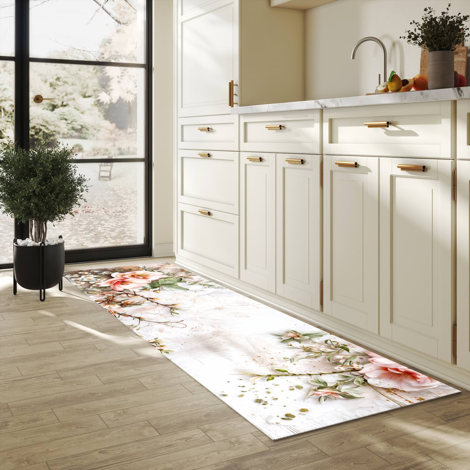 Pflegeleichter waschbarer Küchenläufer mit Motiv Warme Blumenarrangement in heller Küche