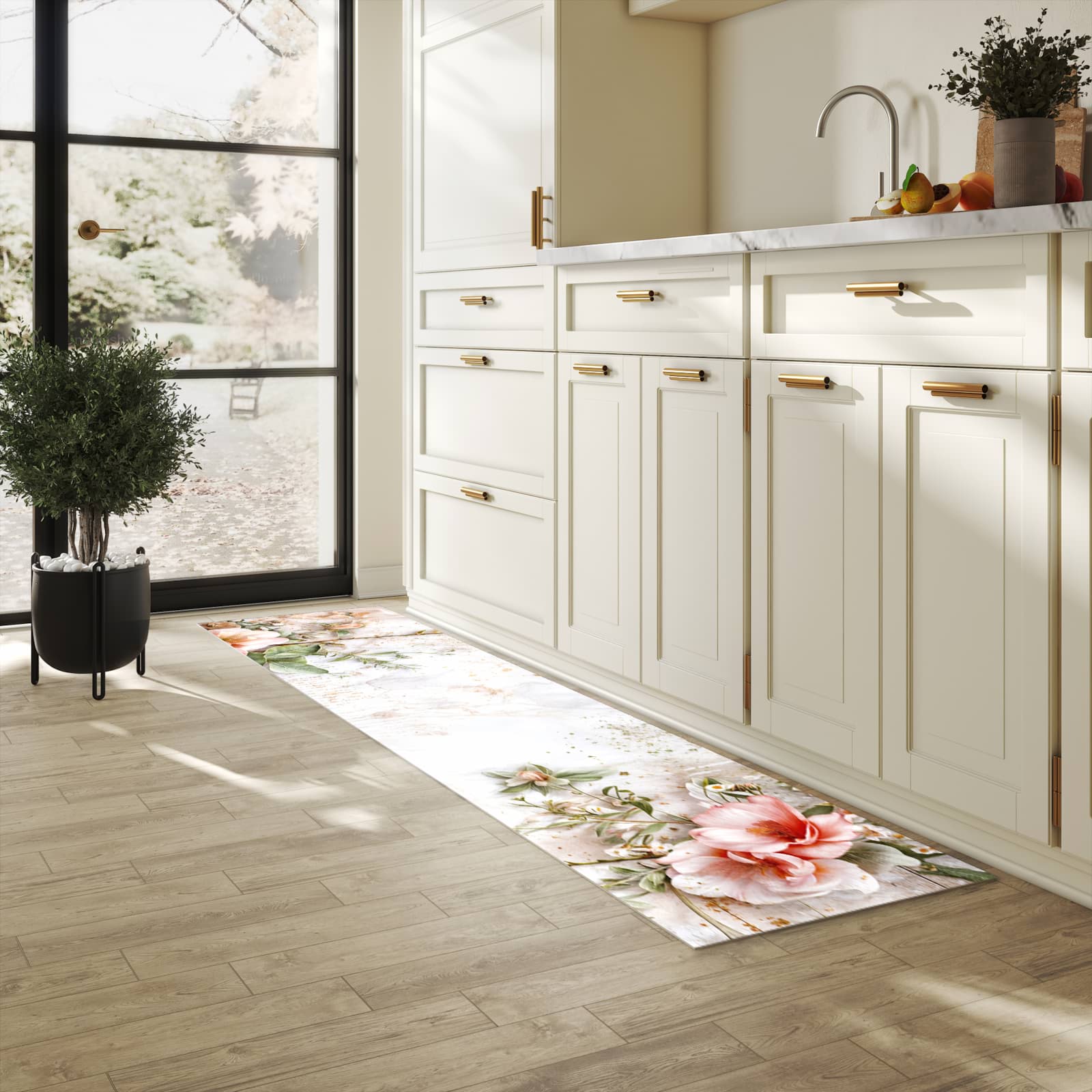 Fleckenresistenter rutschfester Küchenläufer mit Motiv Warme Blumenarrangement in heller Küche