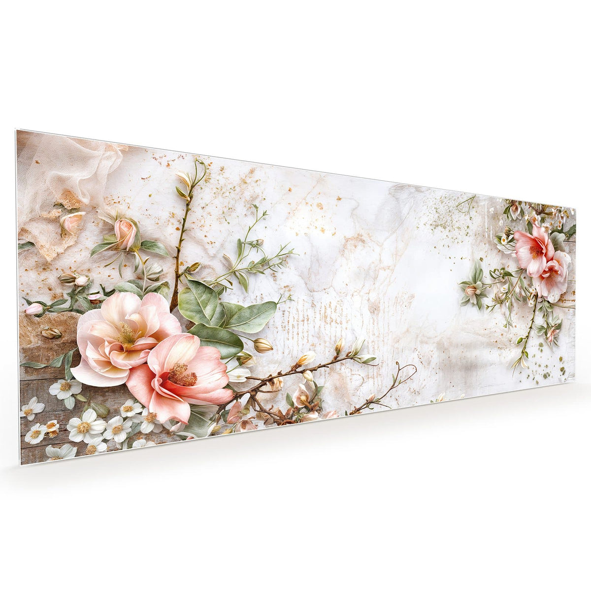 Küchenrückwand aus Glas im Hochformat: Zwei apricotfarbene Magnolienblüten mit Knospenzweig und weißen Blüten auf verwittertem Holz