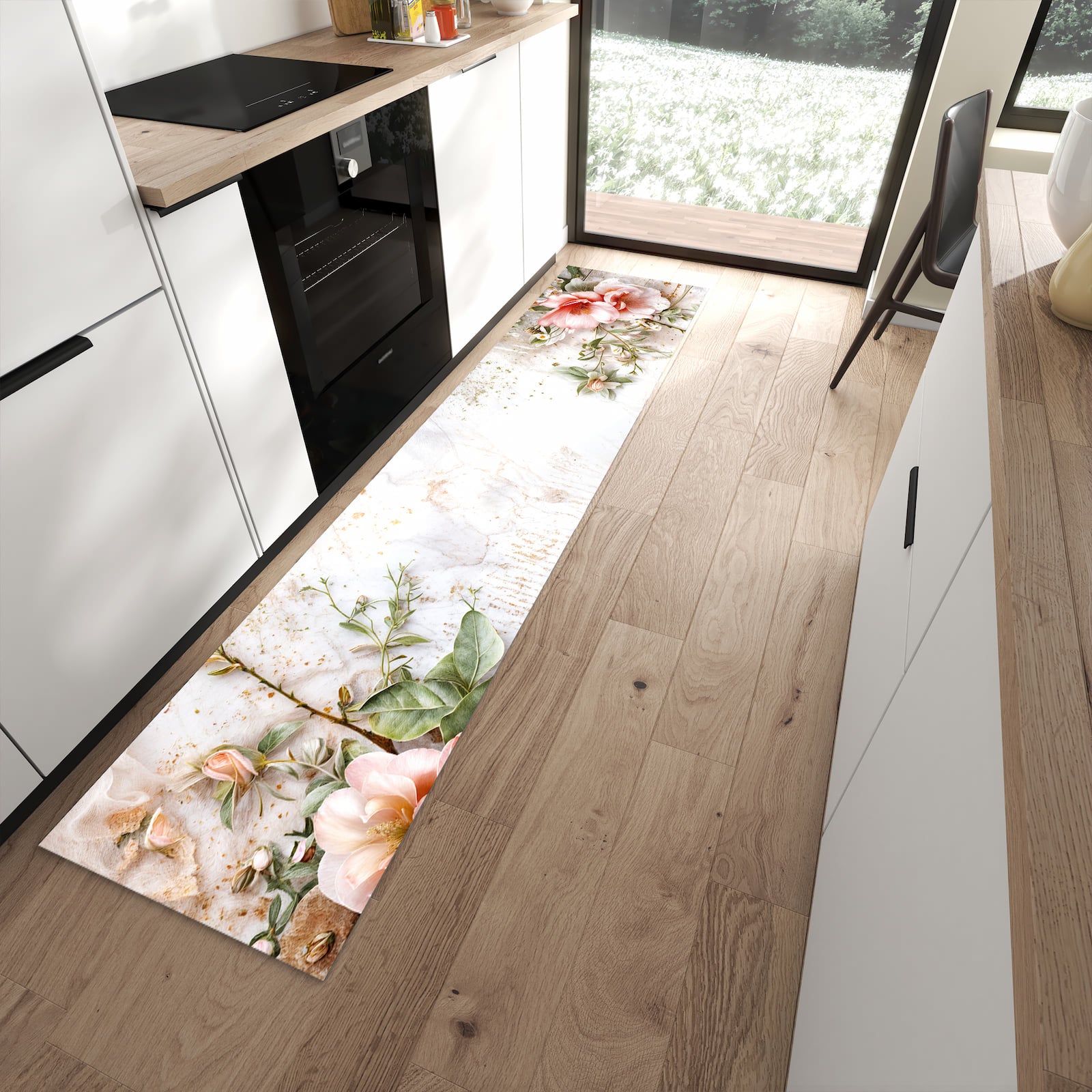 Komfortabler Küchenläufer nach Maß mit Motiv Warme Blumenarrangement in moderner Küche