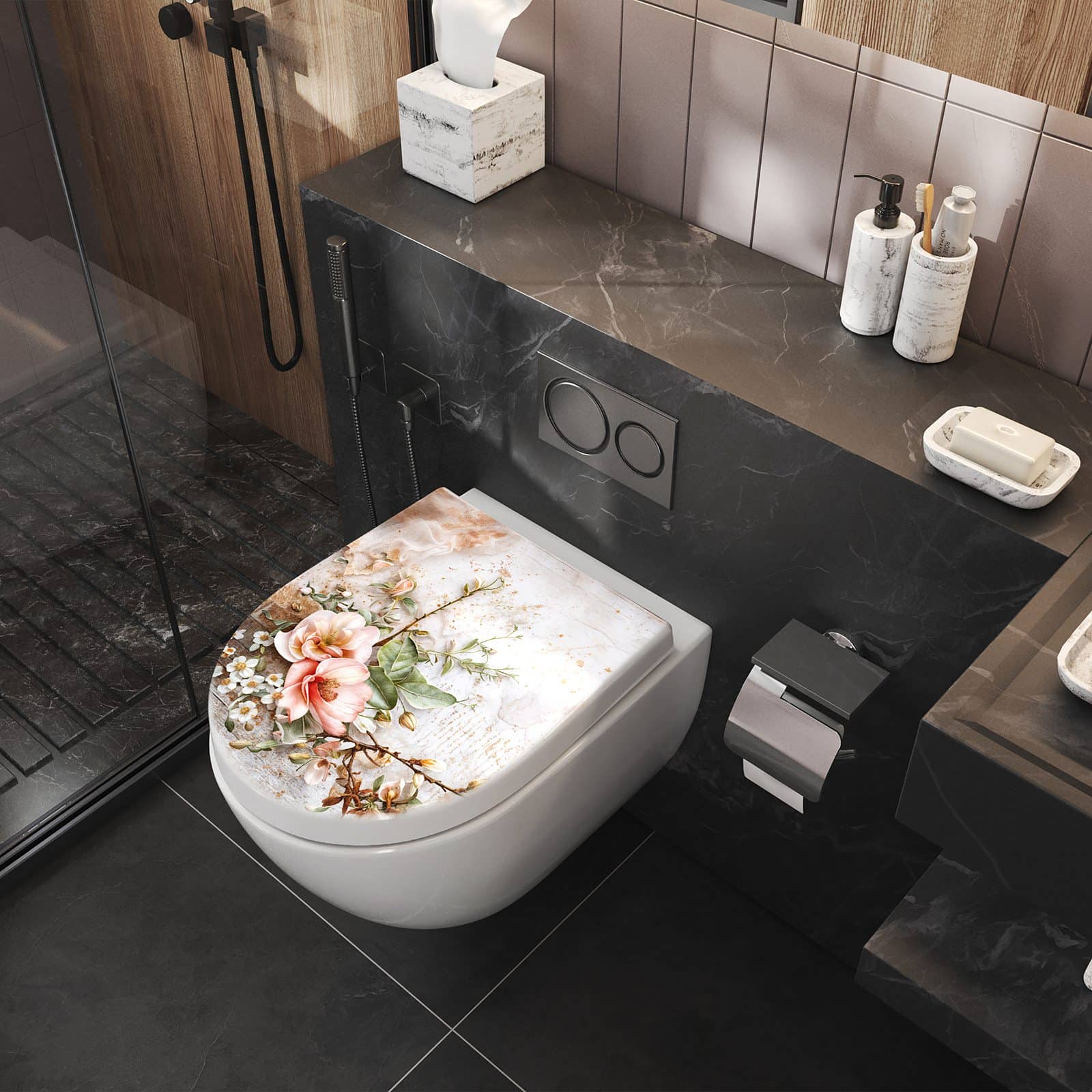 WC-Sitz mit Absenkautomatik Warme Blumenarrangement