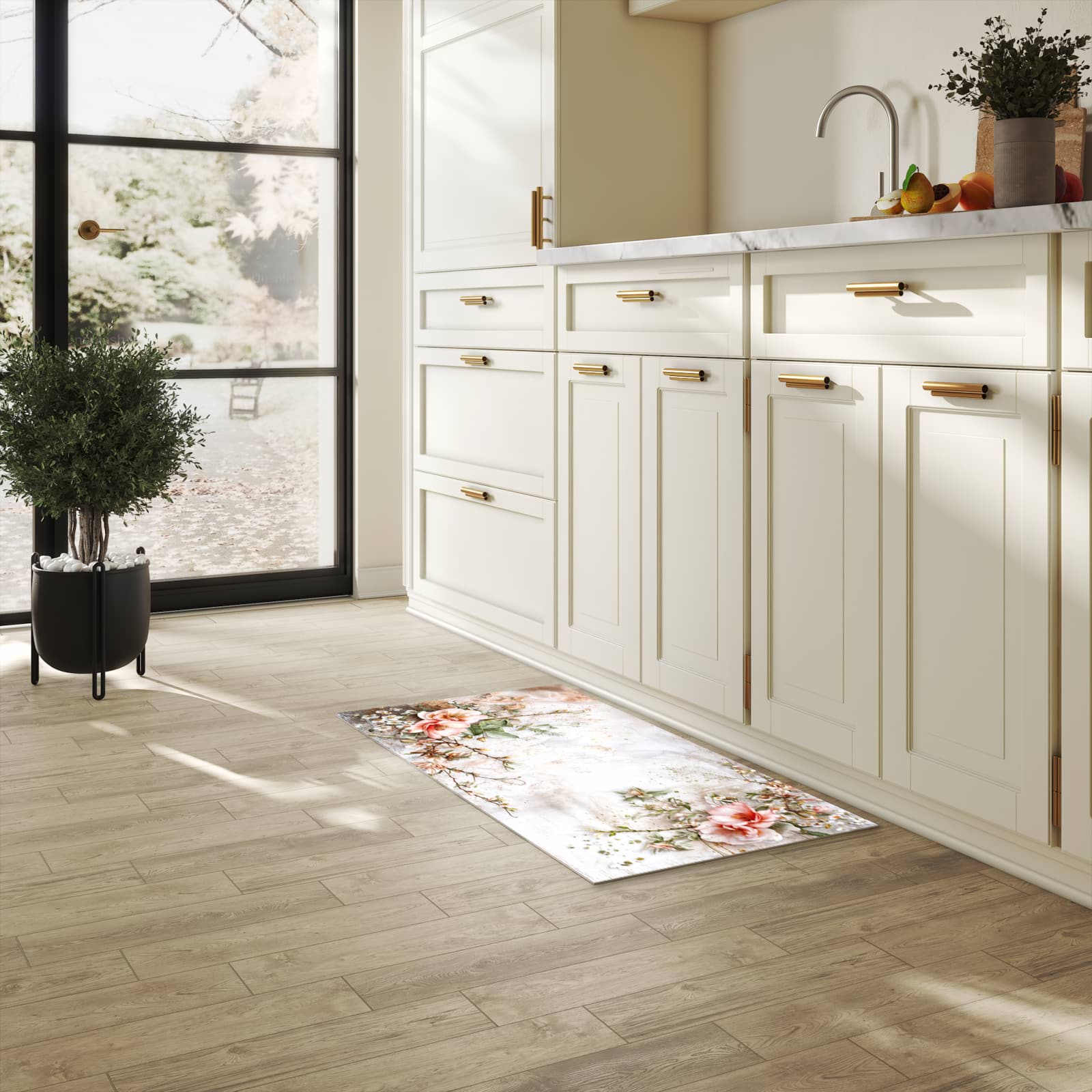 Abriebfester Küchenläufer mit Motiv Warme Blumenarrangement in heller Küche