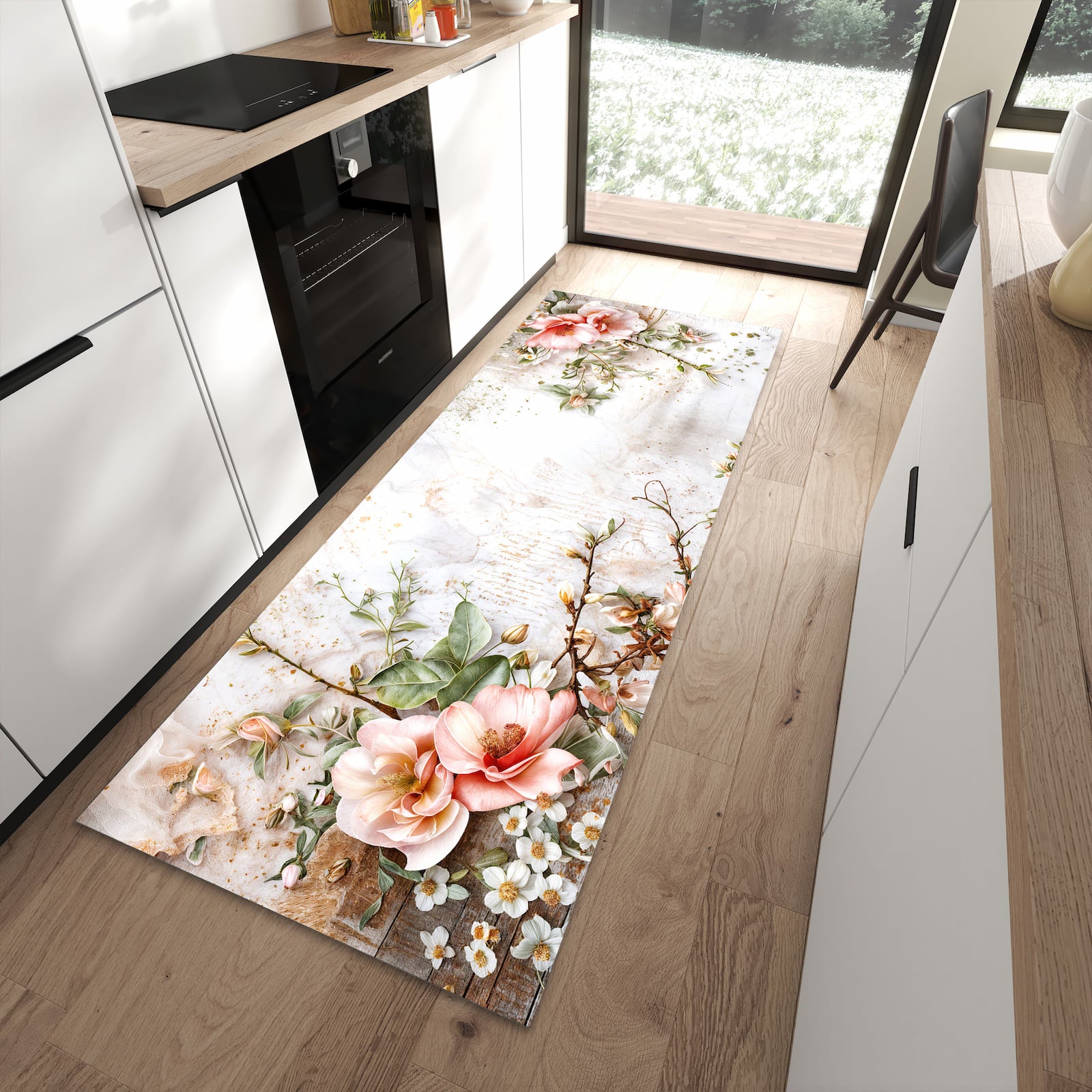 Komfortabler Küchenteppich mit Motiv Warme Blumenarrangement in moderner Küche