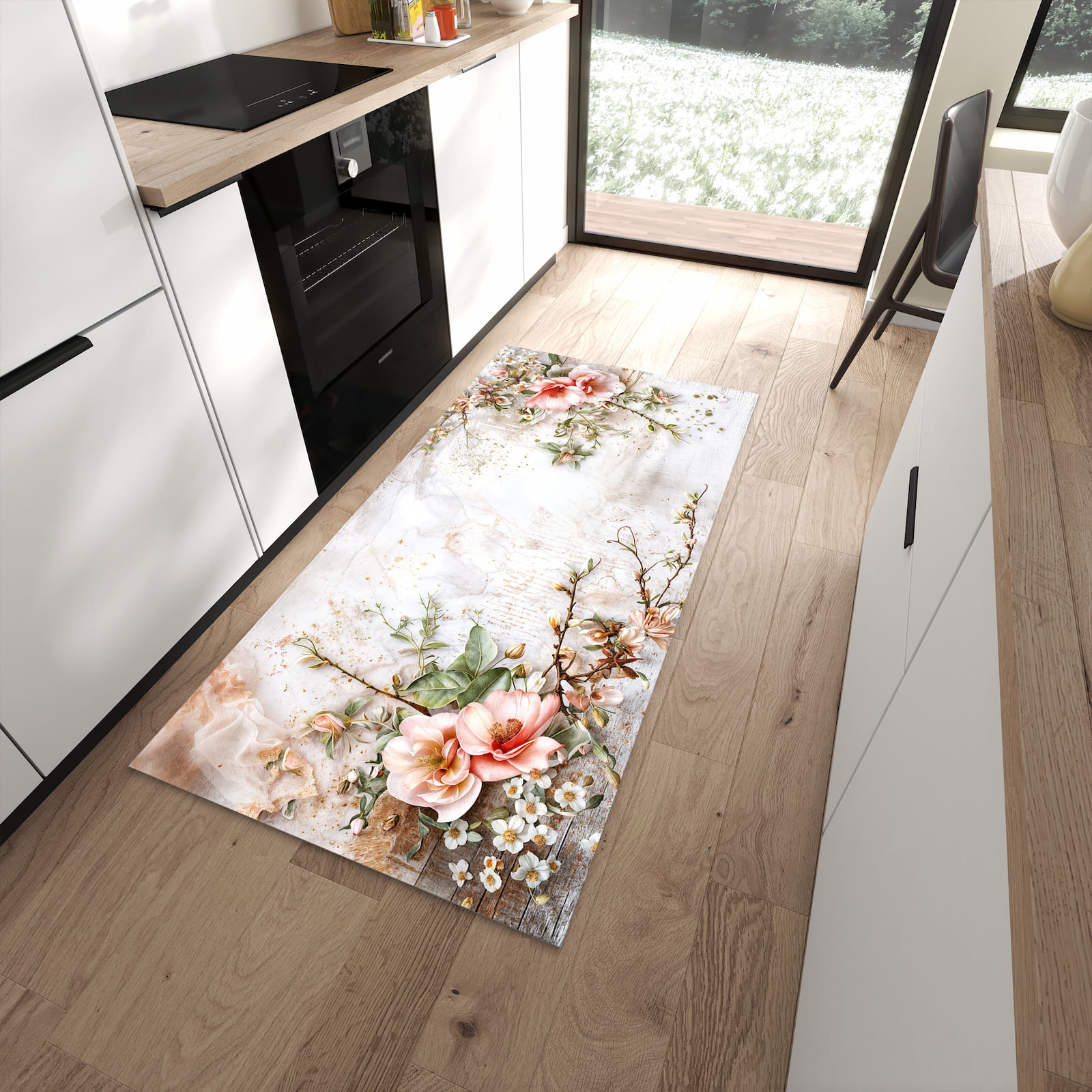 Pflegeleichter Teppich für Küche mit Motiv Warme Blumenarrangement in moderner Küche