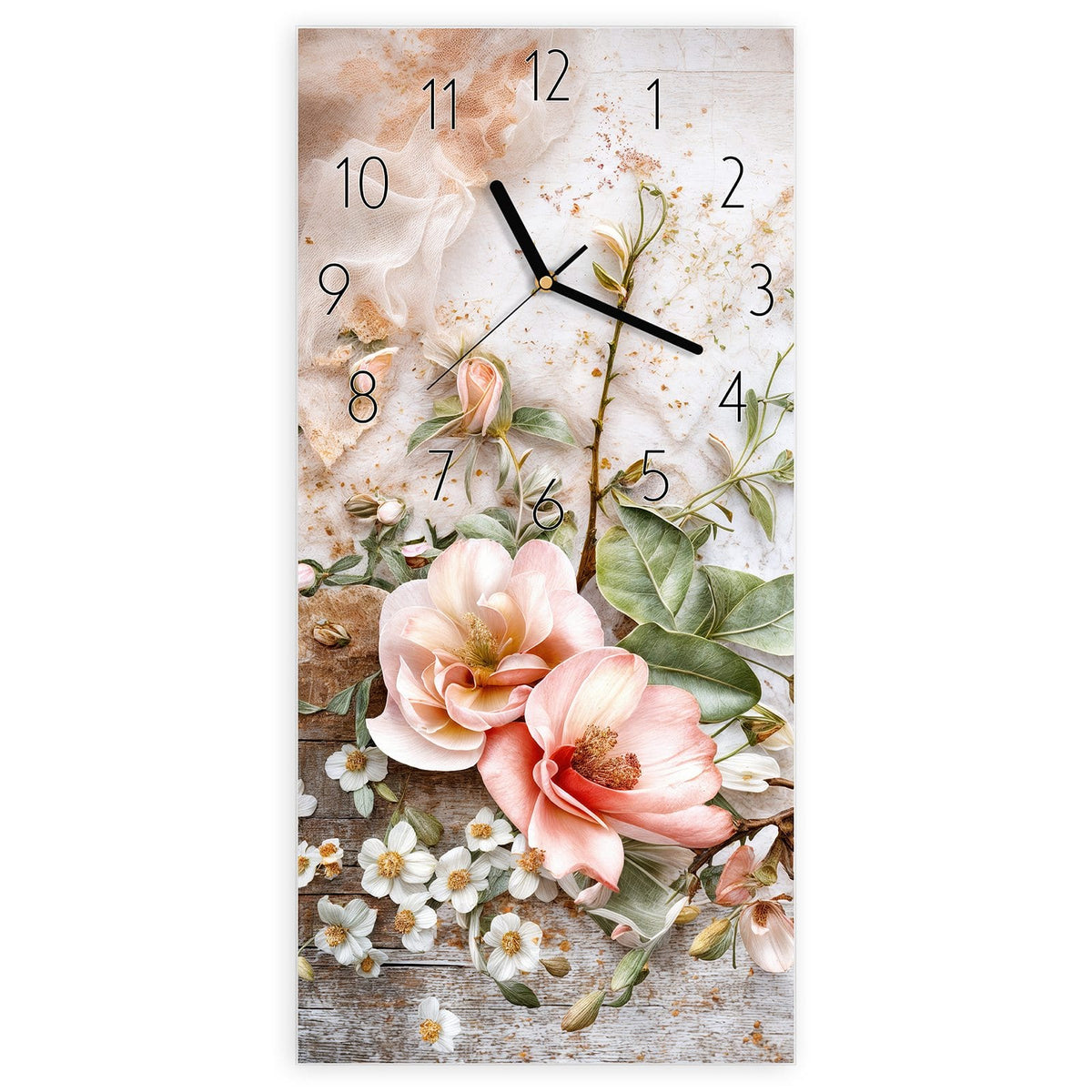 Wanduhr aus Glas, Ziffernblatt Elegant: Zwei apricotfarbene Magnolienblüten mit Knospenzweig und weißen Blüten auf verwittertem Holz #ziffernblatt_Elegant