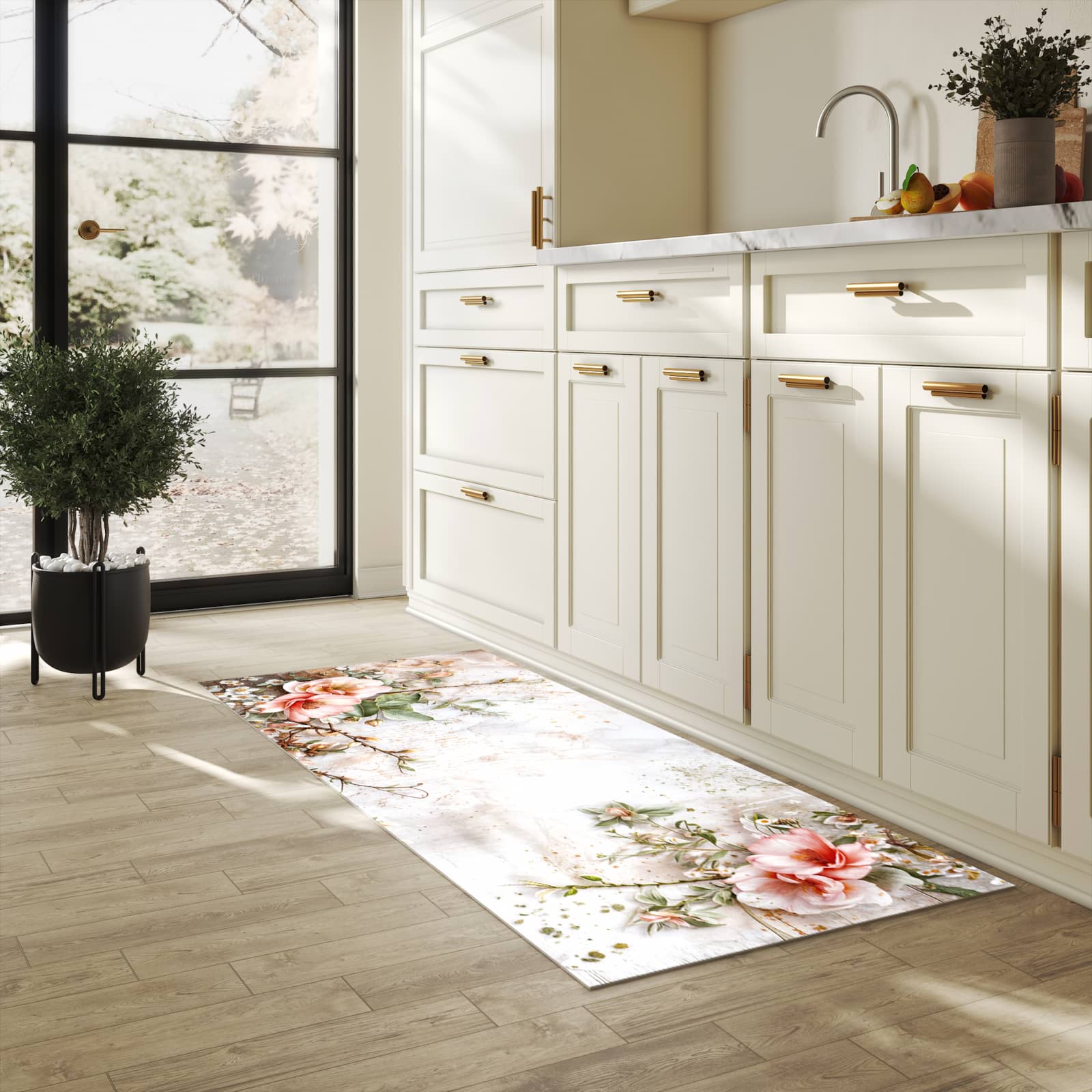 Langlebiger Küchenläufer mit Motiv Warme Blumenarrangement in heller Küche