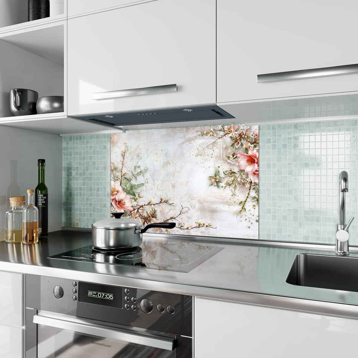Küchenrückwand aus Glas Magnolien auf Holz im Hochformat als Spritzschutz hinter dem Kochfeld, über dem Fliesenspiegel montiert