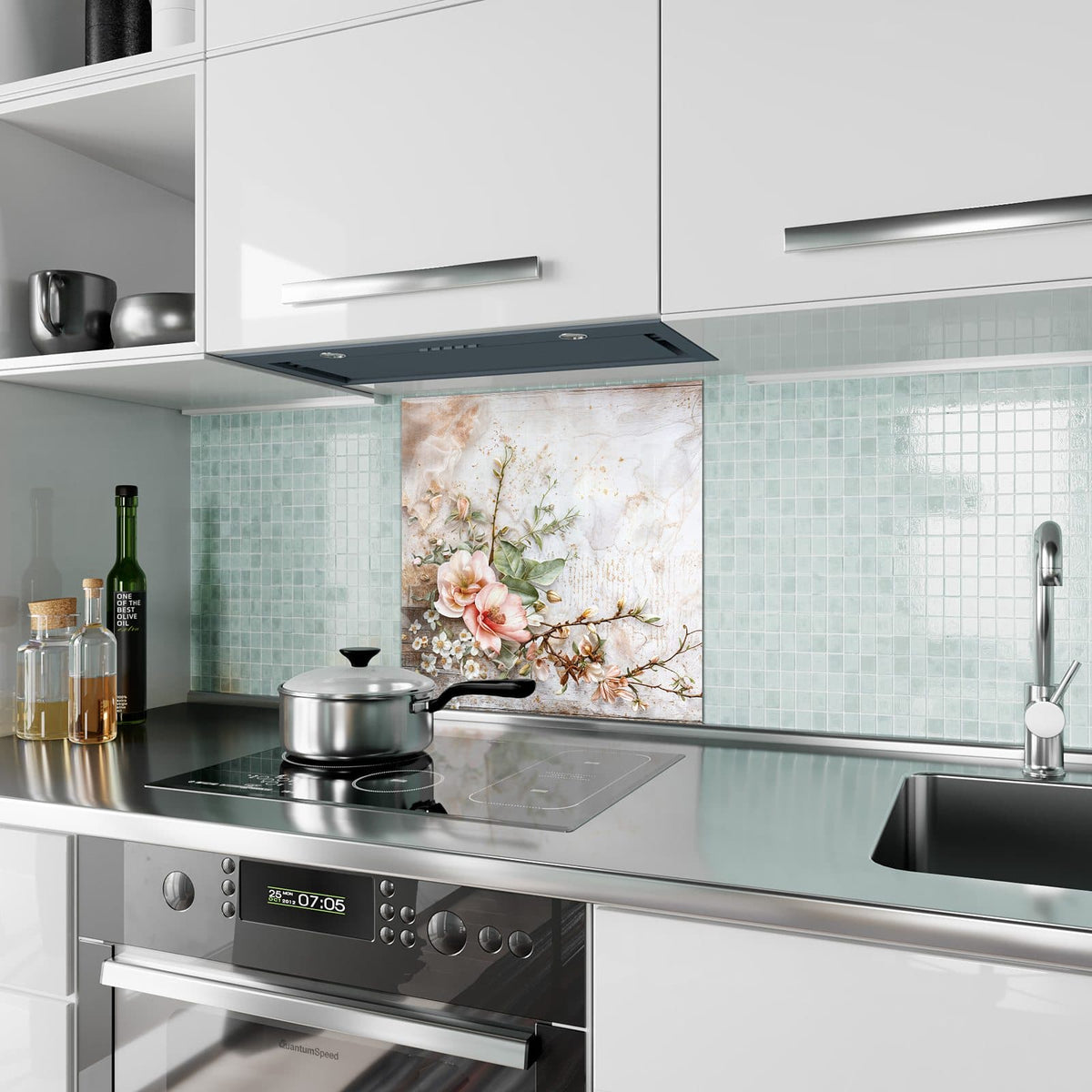 Küchenrückwand aus Glas Magnolien auf Holz im quadratischen Format als Spritzschutz hinter dem Kochfeld, über dem Fliesenspiegel montiert