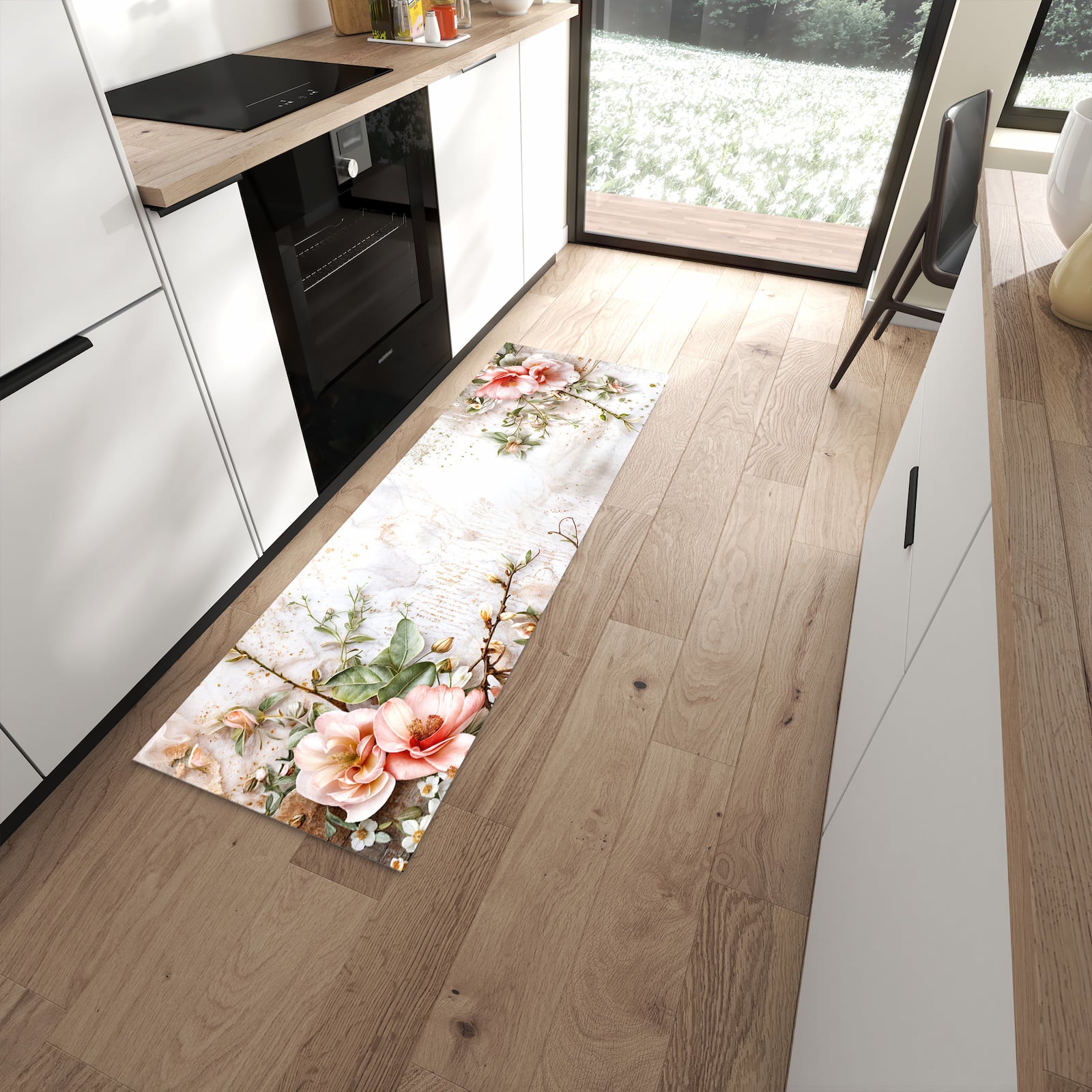 Abriebfester rutschfester Küchenläufer mit Motiv Warme Blumenarrangement in moderner Küche