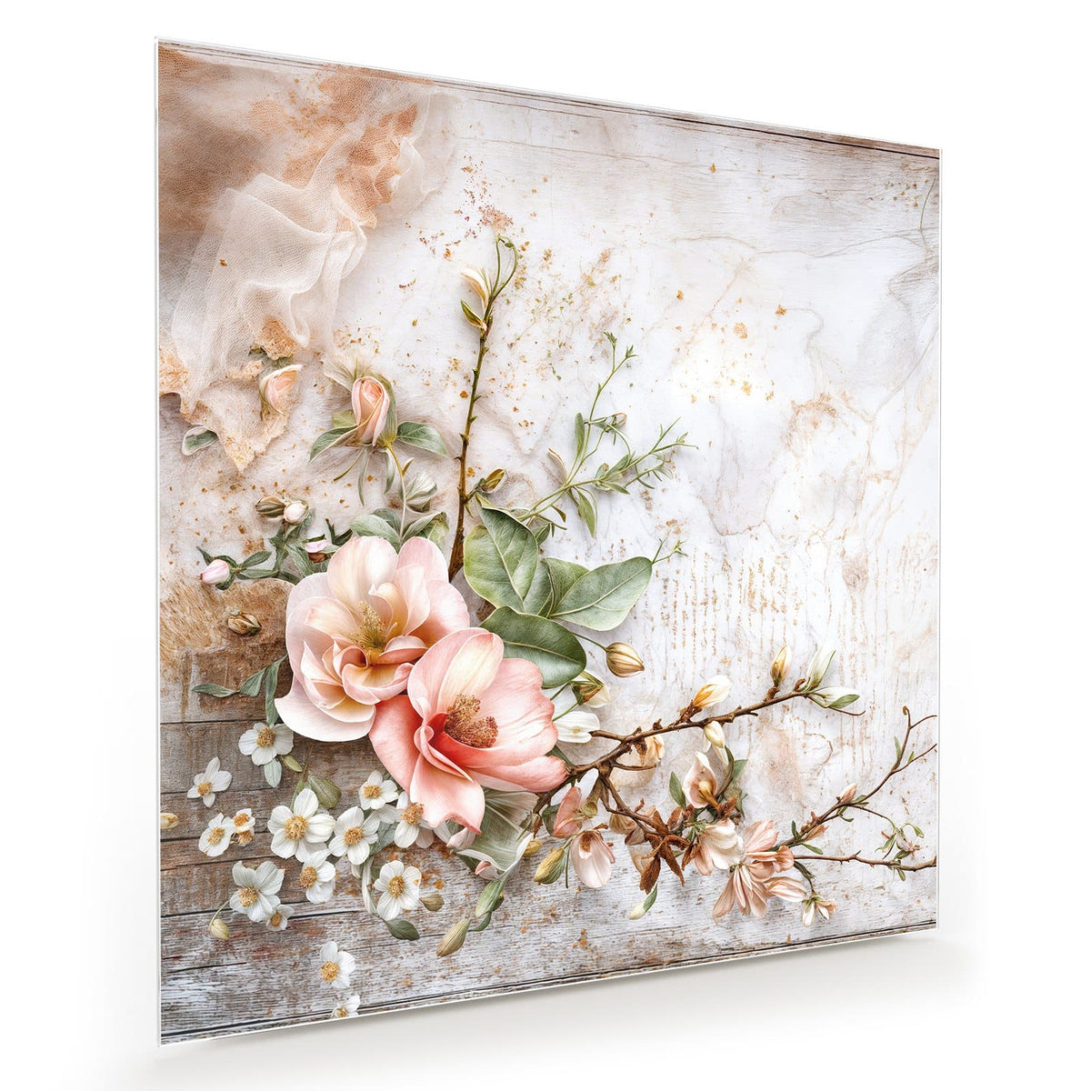 Zwei apricotfarbene Magnolienblüten mit Knospenzweig und weißen Blüten auf verwittertem Holz
