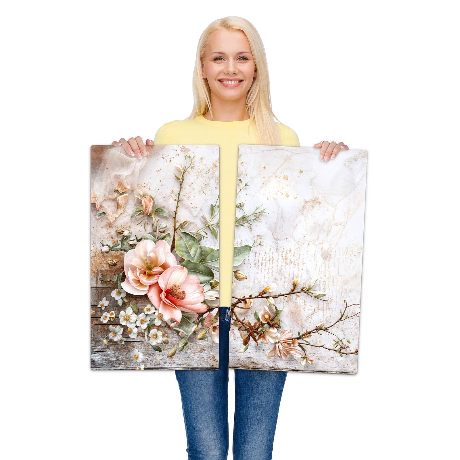 2-teilige Herdabdeckplatten mit Warme Blumenarrangement-Motiv wird zur Größendarstellung gehalten
