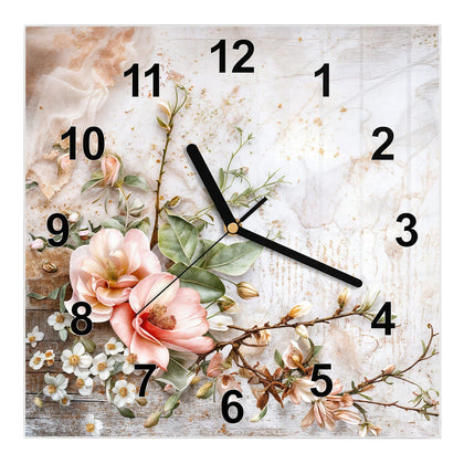 Wanduhr Quadratisch mit dem Motiv Magnolien auf Holz