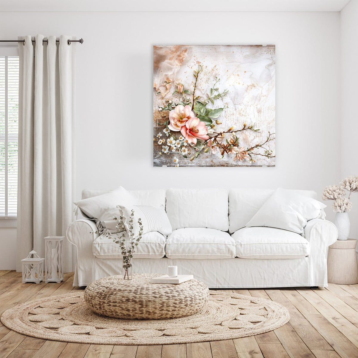 Glasbild Magnolien auf Holz an der Wand – Zwei apricotfarbene Magnolienblüten mit Knospenzweig und weißen Blüten auf verwittertem Holz