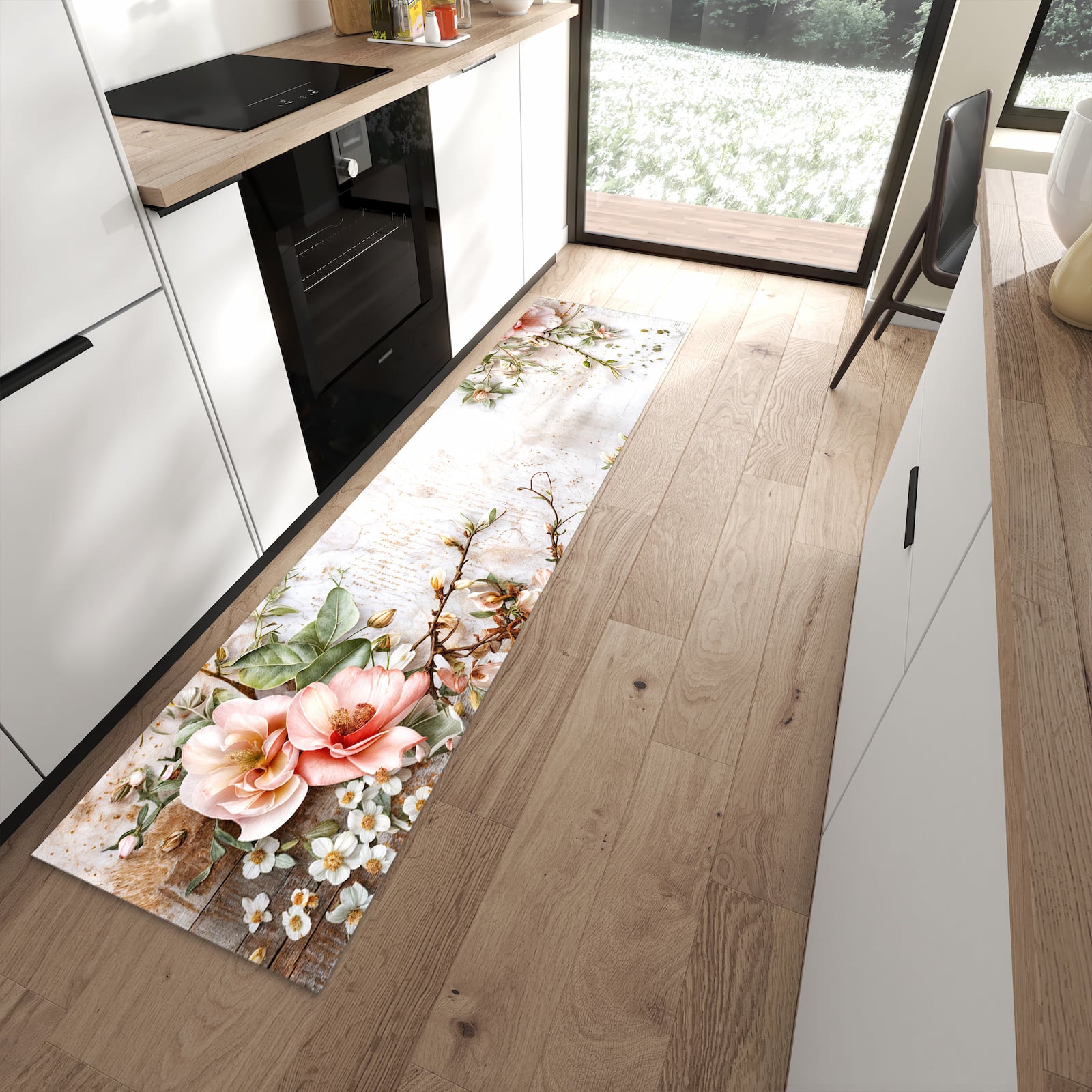 UV-beständiger Küchenläufer mit Motiv Warme Blumenarrangement in moderner Küche