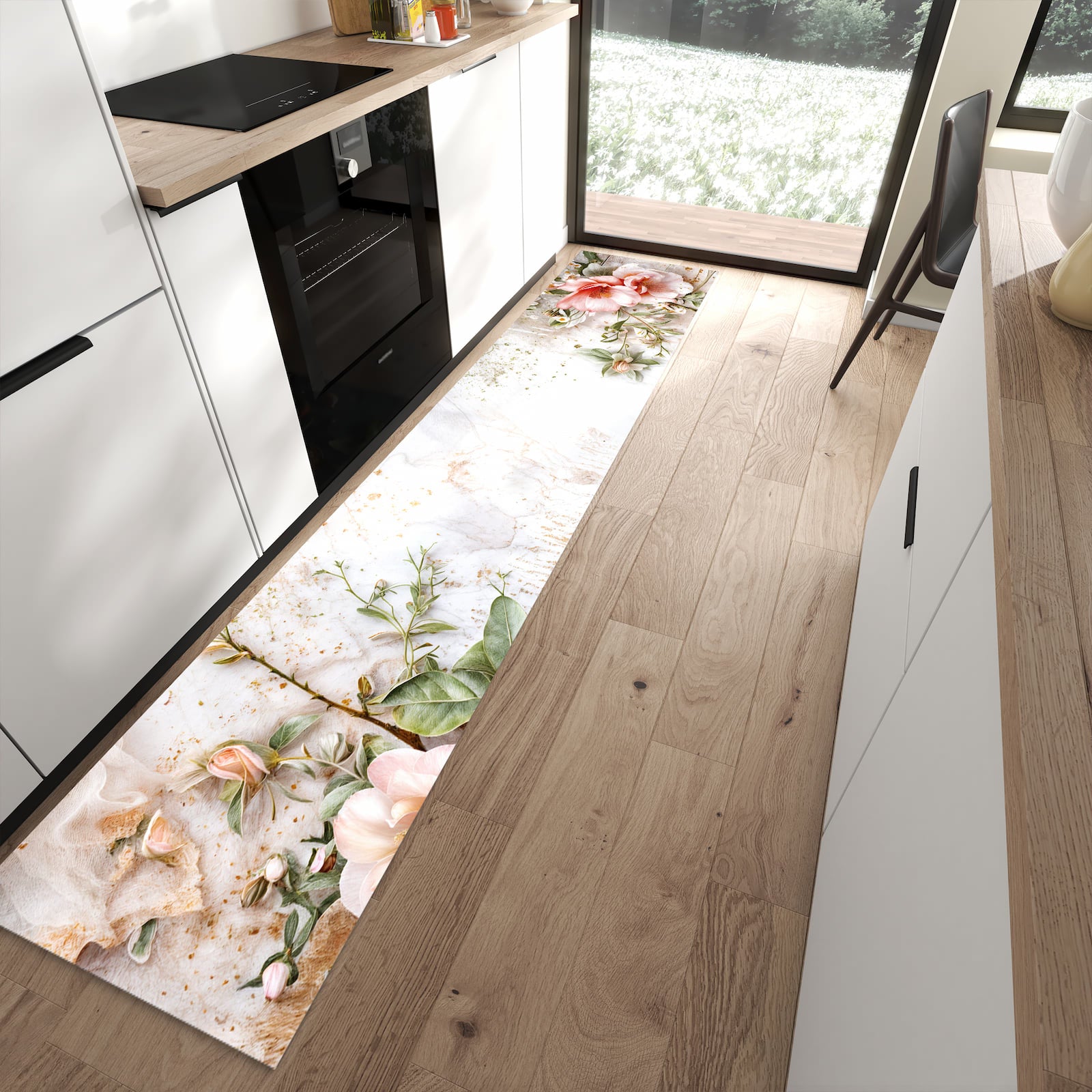 Wasserabweisender Küchenläufer mit Motiv Warme Blumenarrangement in moderner Küche