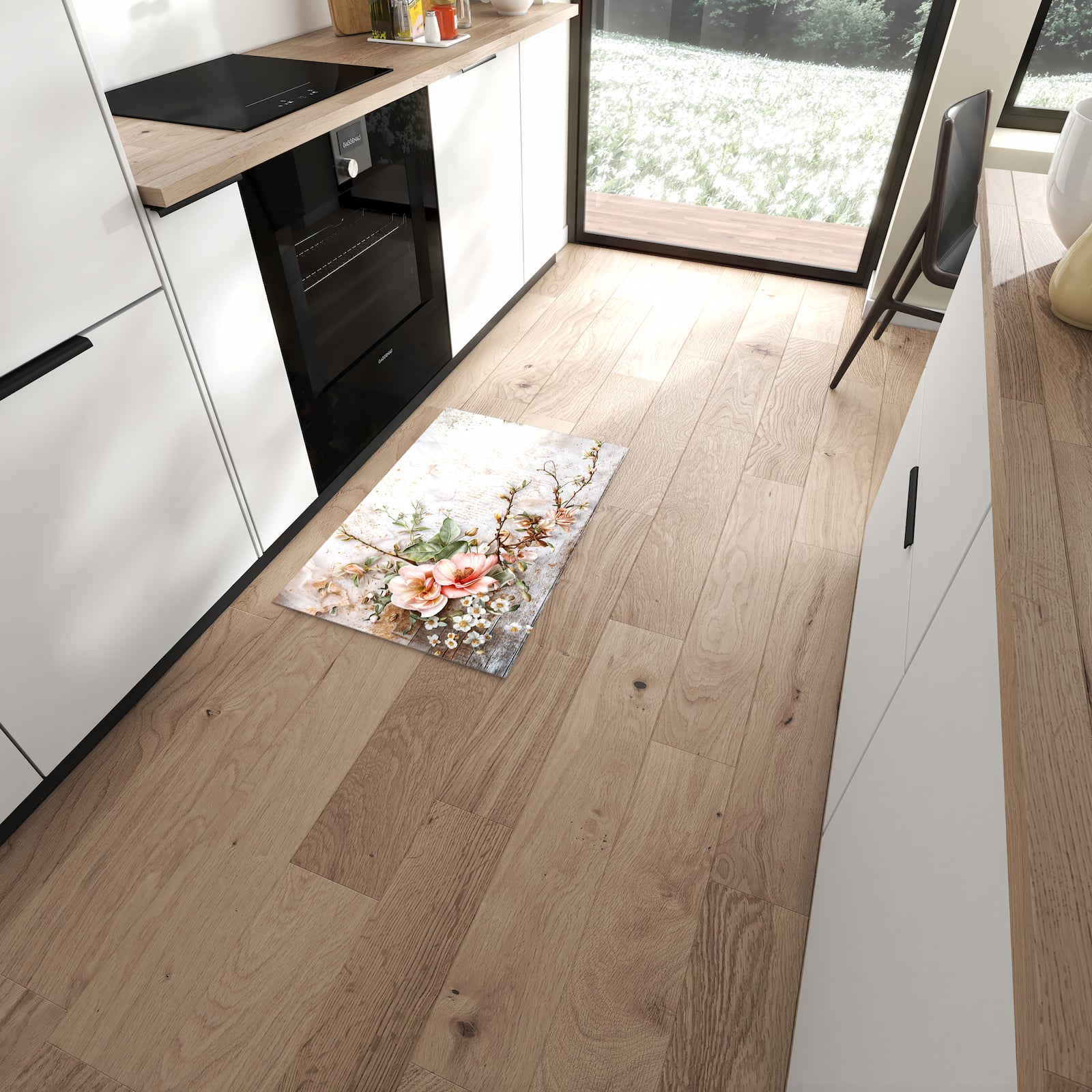 Fleckenresistenter moderner Küchenläufer mit Motiv Warme Blumenarrangement in moderner Küche