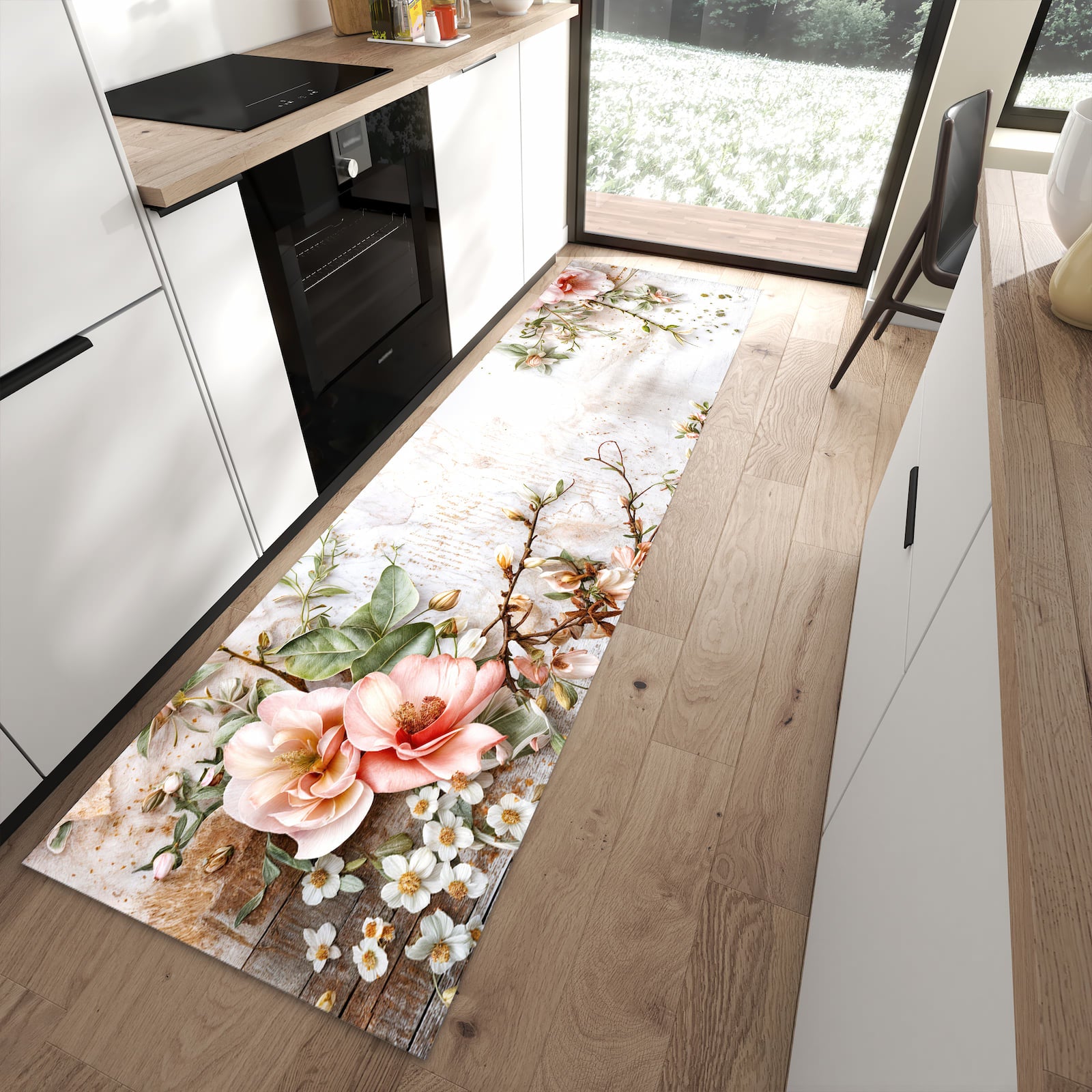 Langlebiger Küchenläufer mit Motiv Warme Blumenarrangement in moderner Küche