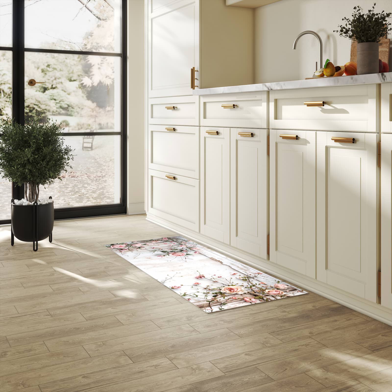 Rutschfester Küchenteppich mit Motiv Rosenblüten Eleganz in heller Küche