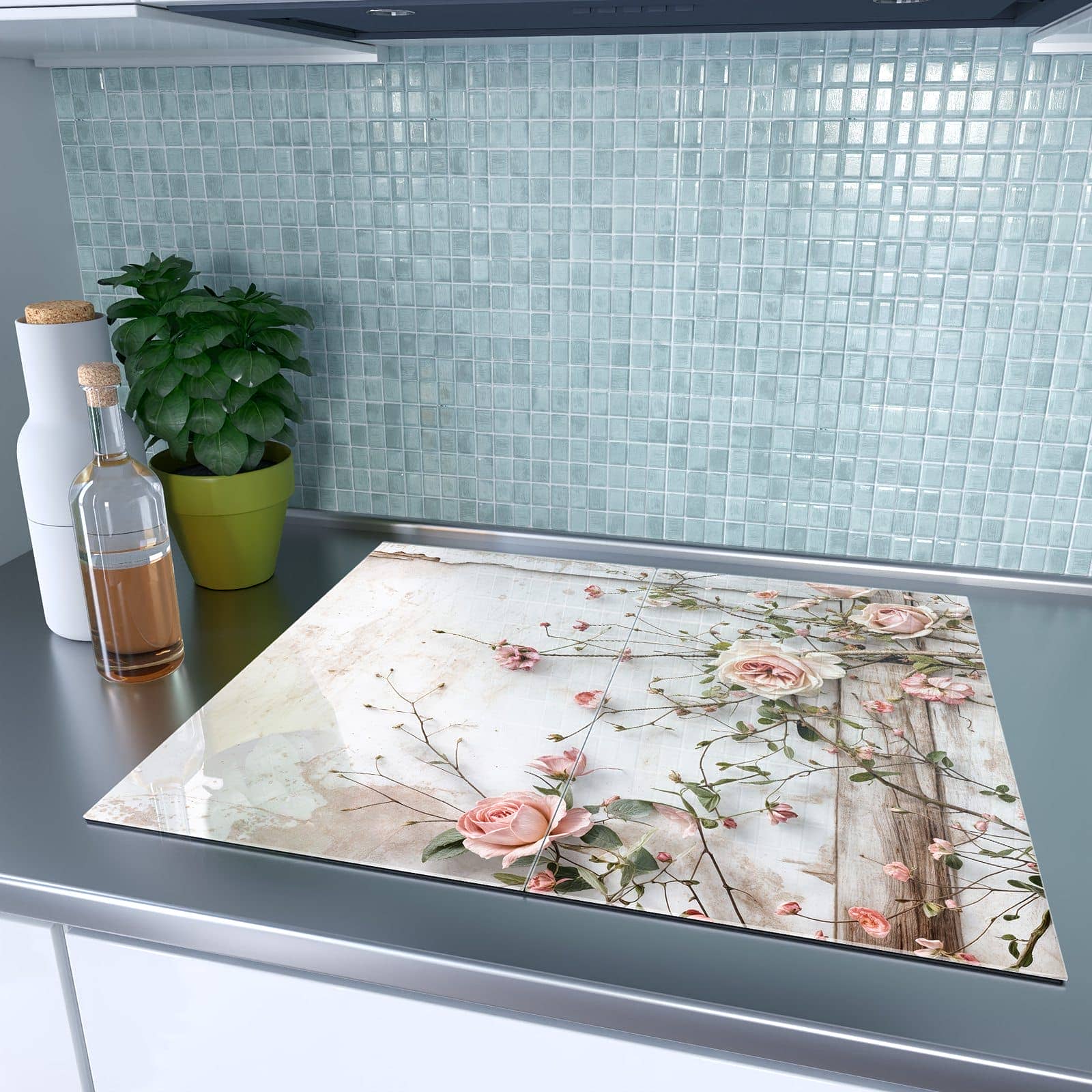 2-teilige Herdabdeckplatte für Ceranfeld mit Rosenblüten Eleganz-Motiv auf dem Ceranfeld