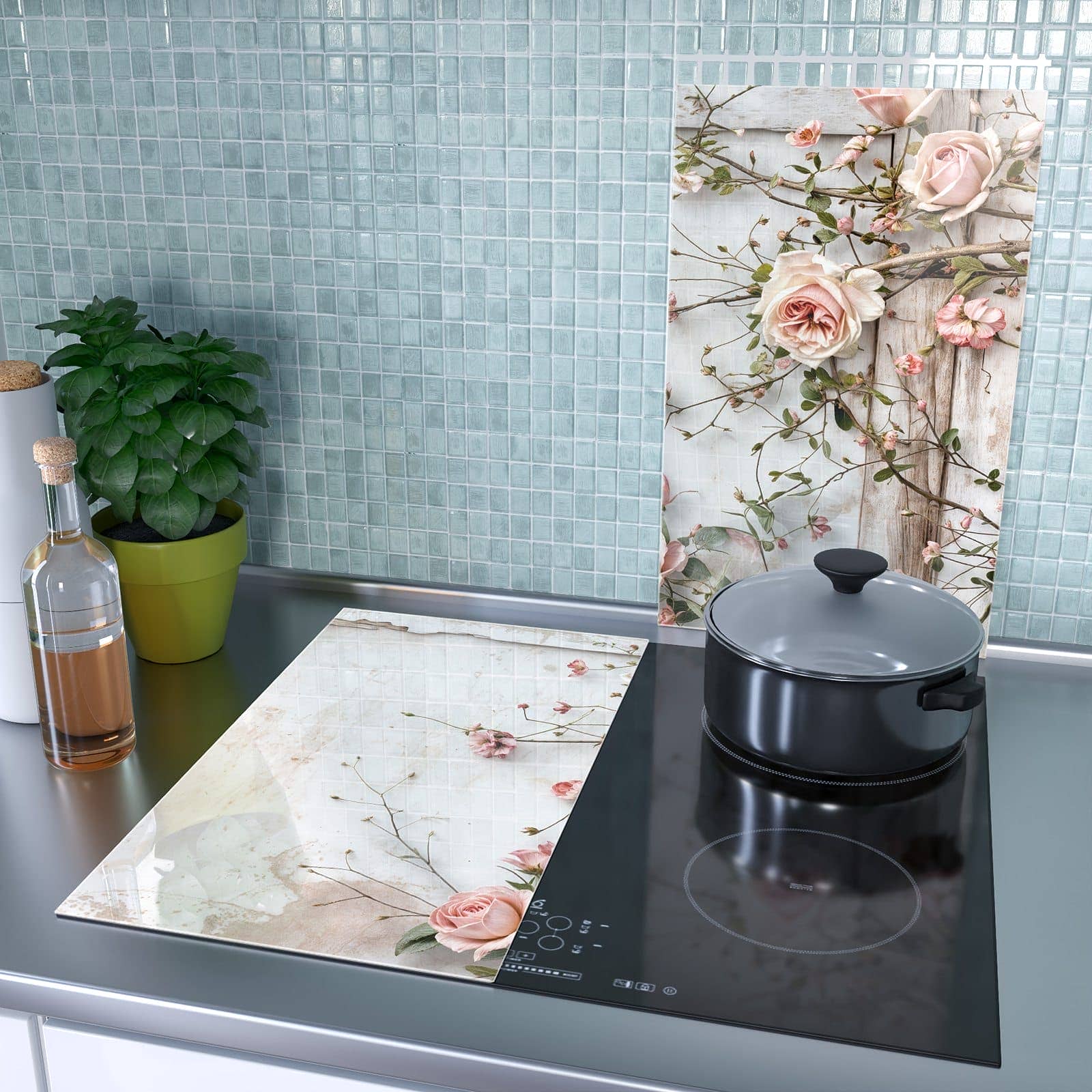 2-teilige Herdabdeckplatte mit Rosenblüten Eleganz-Motiv als Spritzschutz hinter dem Kochfeld