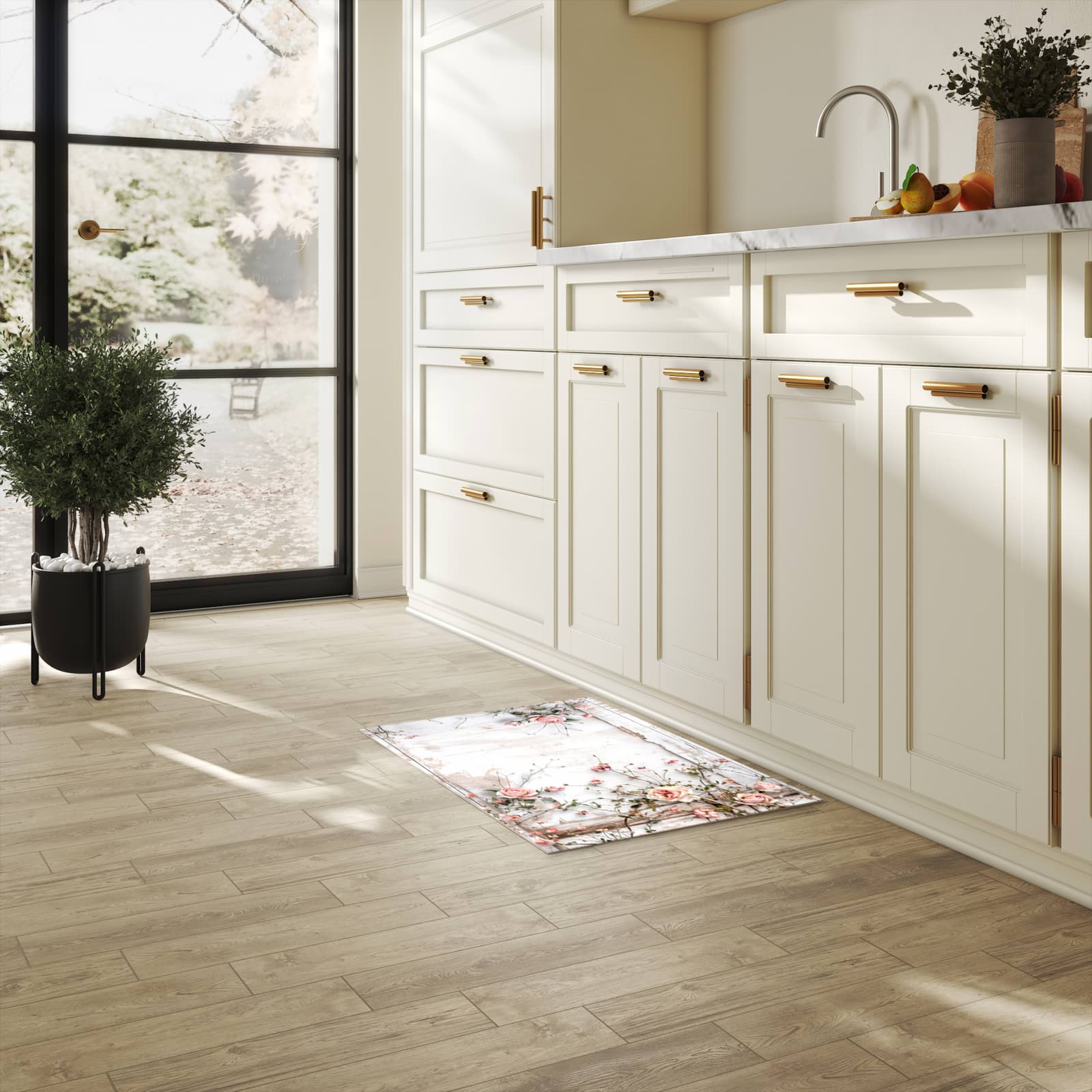 Farbbeständiger Küchenläufer mit Motiv Rosenblüten Eleganz in heller Küche