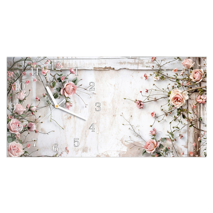 Wanduhr Rosenblüten Eleganz aus Glas – Querformat 60 × 30 cm mit Ziffernblatt Klassisch