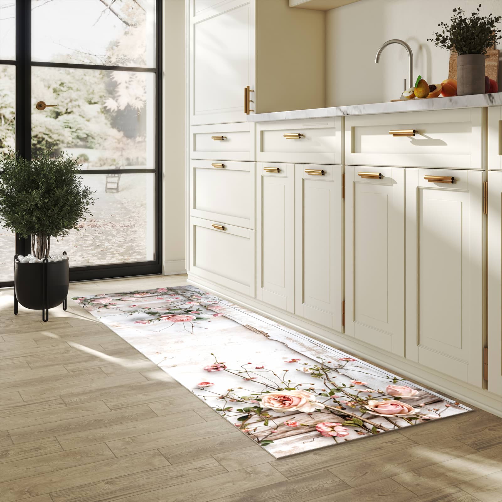 Küchenvorleger mit Motiv Rosenblüten Eleganz in heller Küche für sichere Aufbewahrung