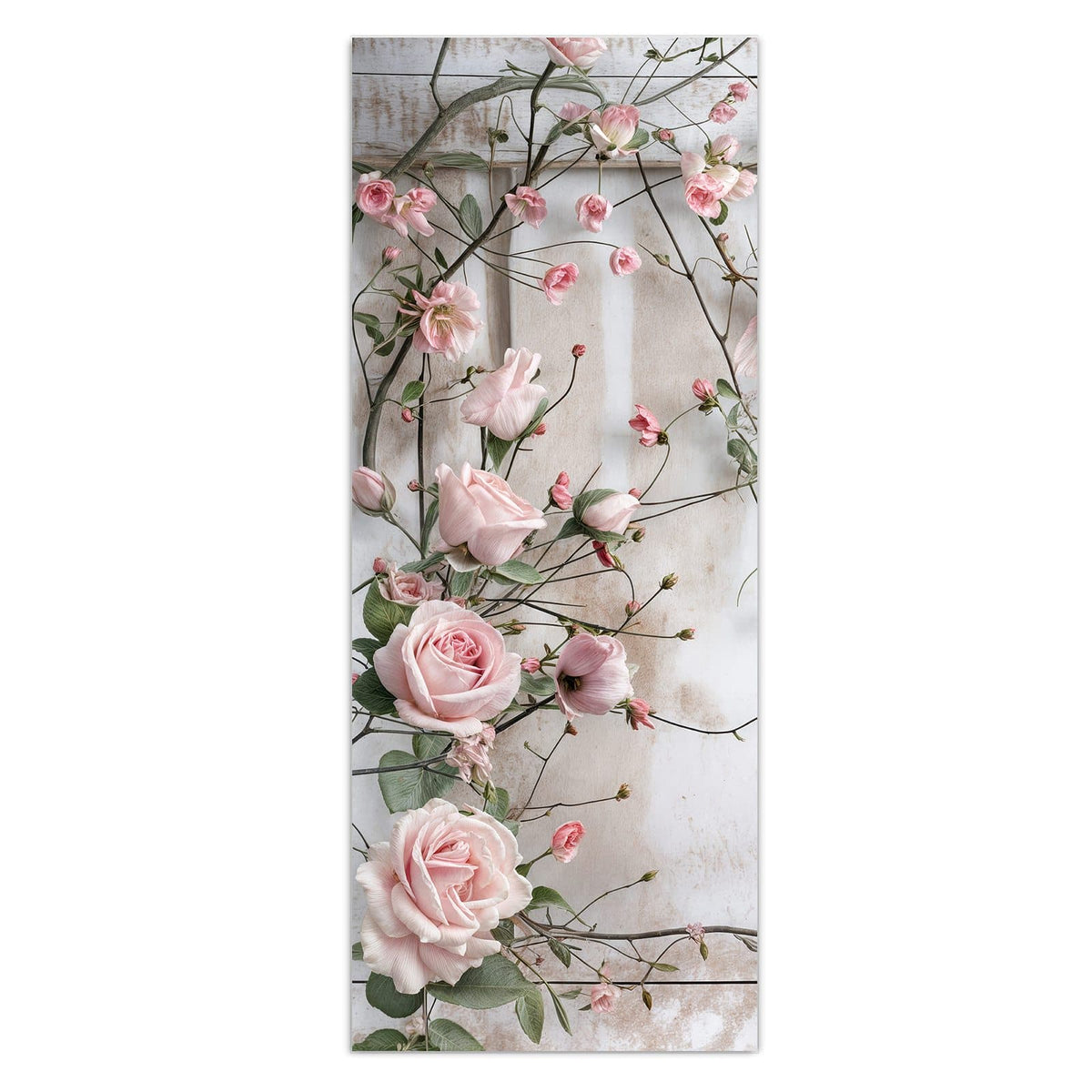 Wandbild - Rosenranken auf Holz - Hochformat – Zartrosa Rosen an verwittertem Holz