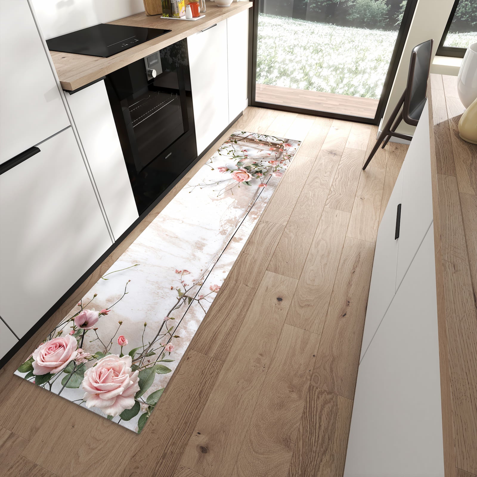 Waschbarer Küchenteppich mit Motiv Rosenblüten Eleganz in moderner Küche