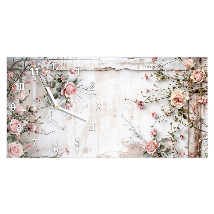 Wanduhr Rosenblüten Eleganz aus Glas – Querformat 60 × 30 cm mit Ziffernblatt Modern