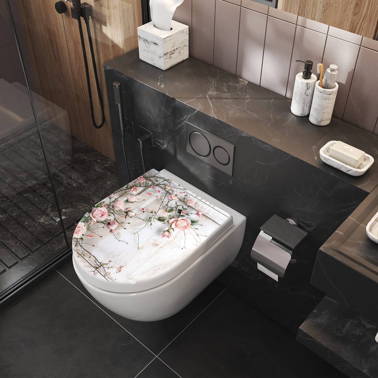 WC-Sitz mit Absenkautomatik Rosenblüten Eleganz