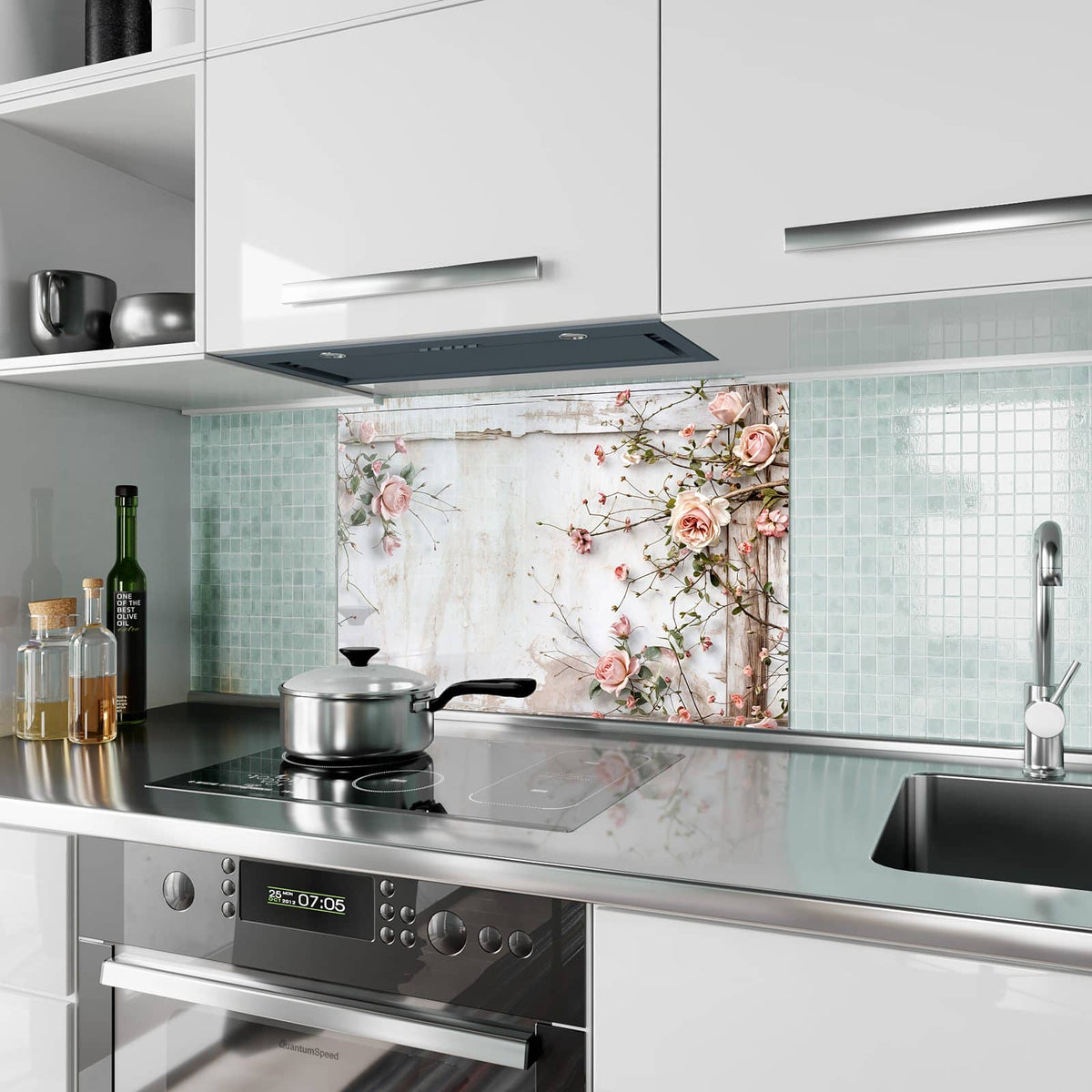 Küchenrückwand aus Glas Rosenranken auf Holz im Hochformat als Spritzschutz hinter dem Kochfeld, über dem Fliesenspiegel montiert