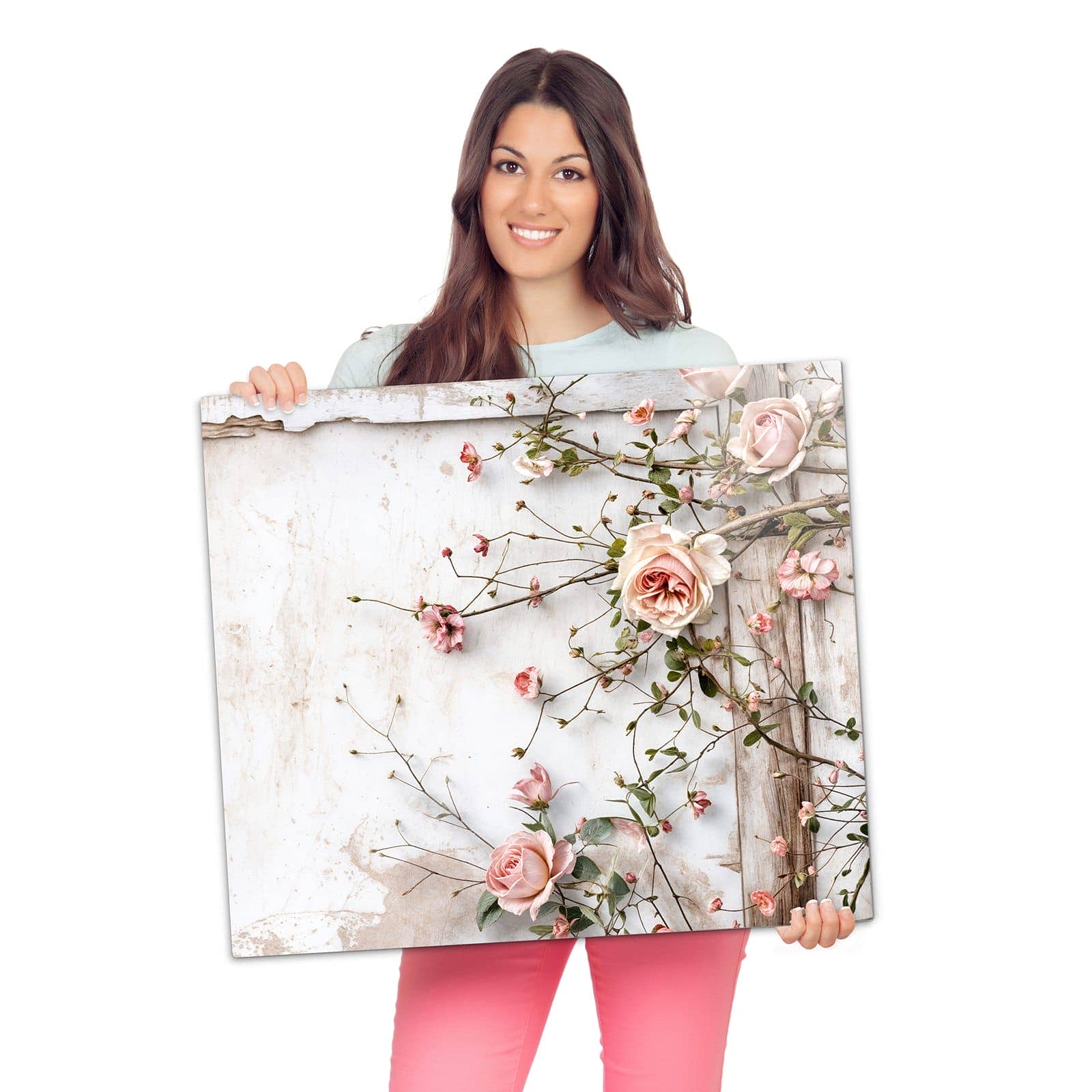 Herdabdeckplatte aus Glas mit Rosenblüten Eleganz-Motiv wird zur Größendarstellung gehalten