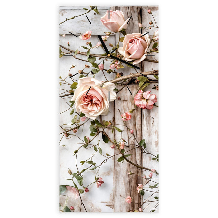 Wanduhr Rosenblüten Eleganz aus Glas – Hochformat 30 × 60 cm mit Ziffernblatt Linie