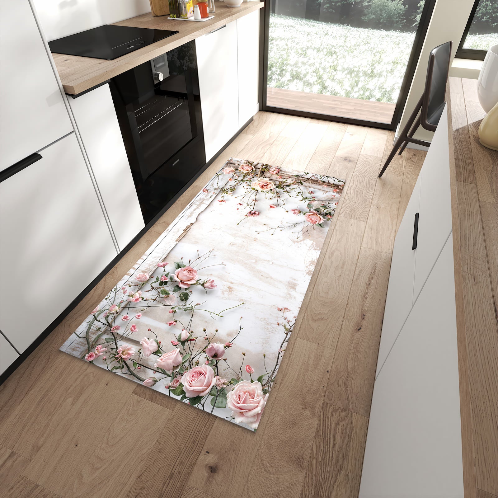 Bodenschonender rutschfester Küchenläufer mit Motiv Rosenblüten Eleganz in moderner Küche