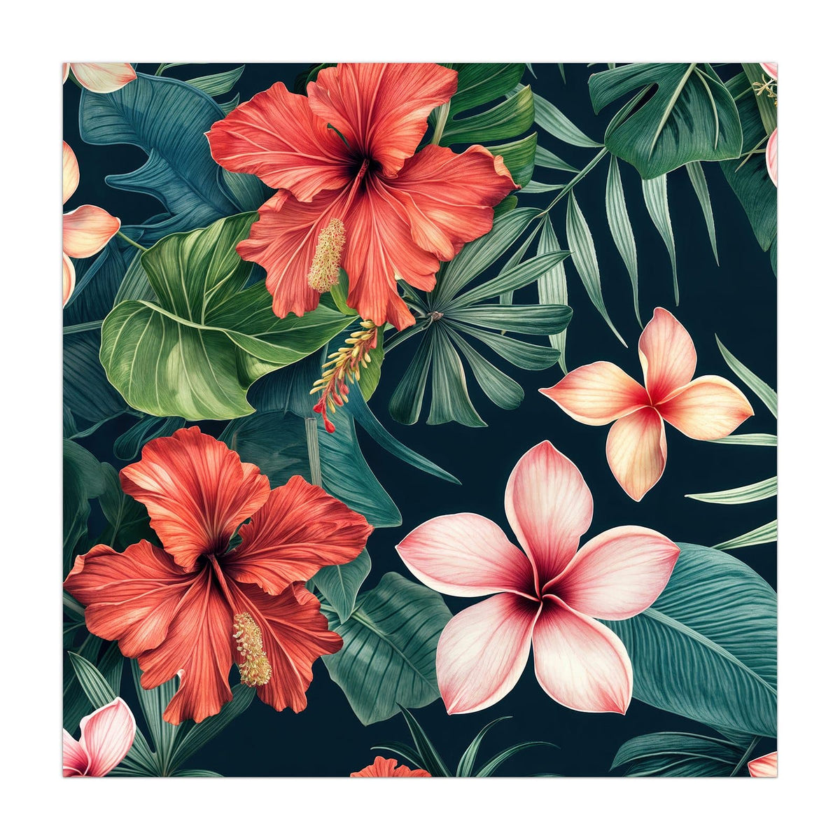 Küchenrückwand aus Glas Hibiskus auf Dunkelgrün im quadratischen Format, Motiv bildfüllend von vorn