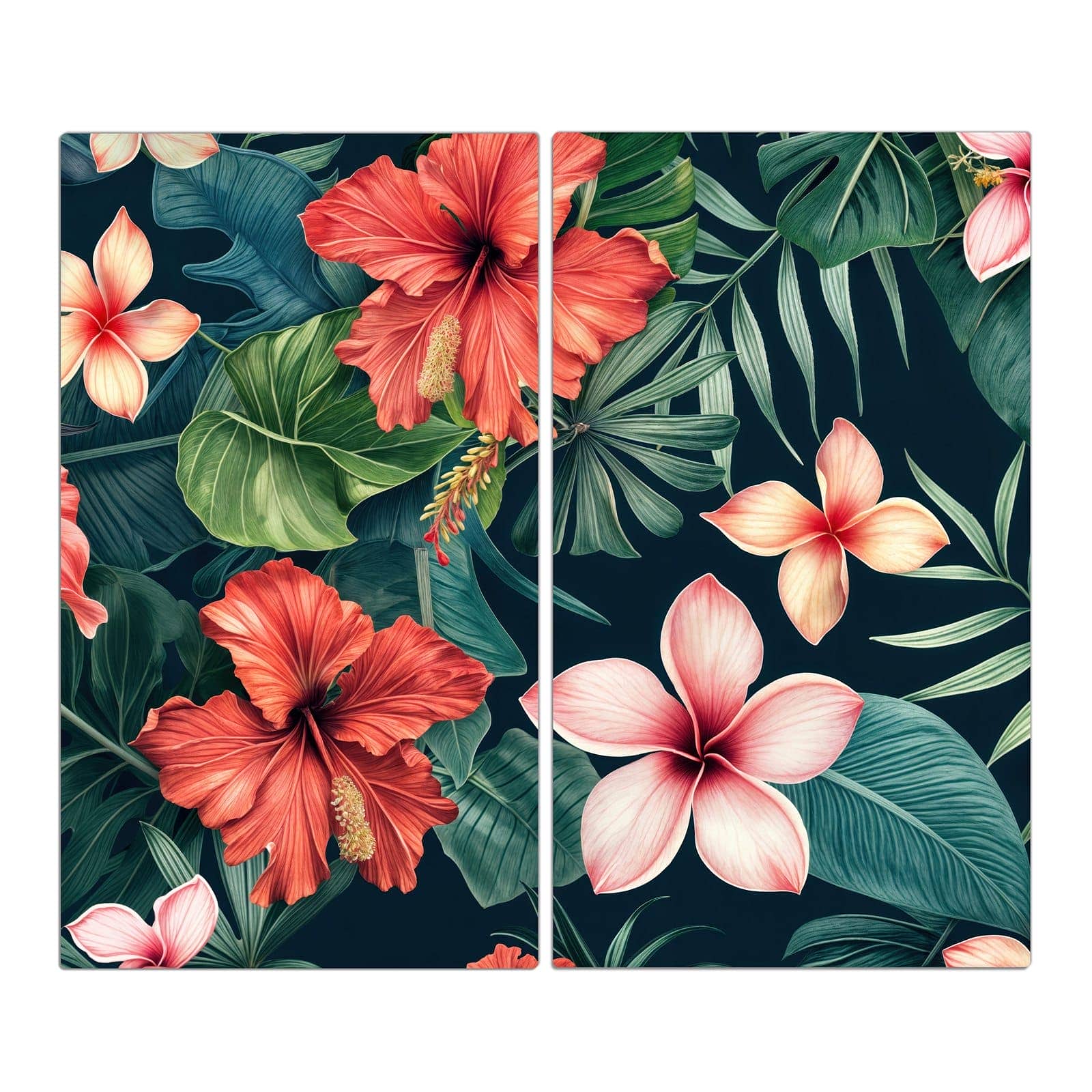 2-teilige Herdabdeckplatte mit Tropenblumen-Motiv in der Frontansicht