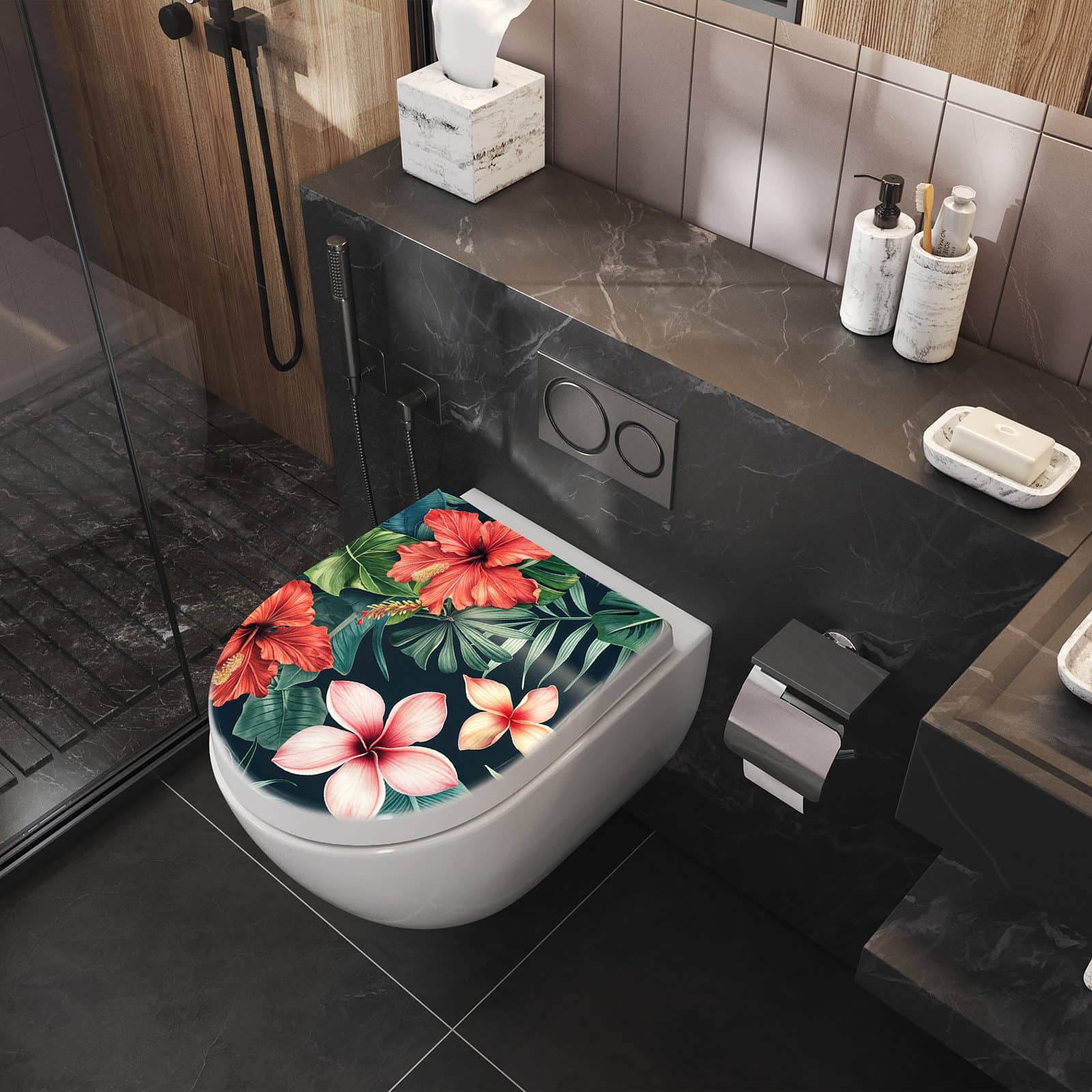 WC-Sitz mit Absenkautomatik Tropenblumen