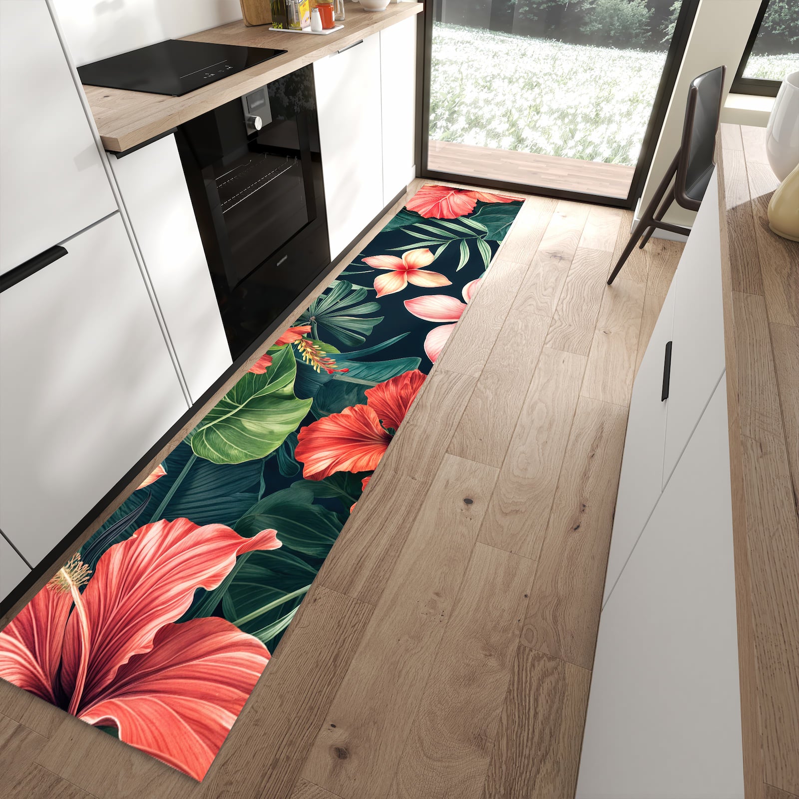 Rutschfester großer Küchenteppich mit Motiv Tropenblumen in moderner Küche